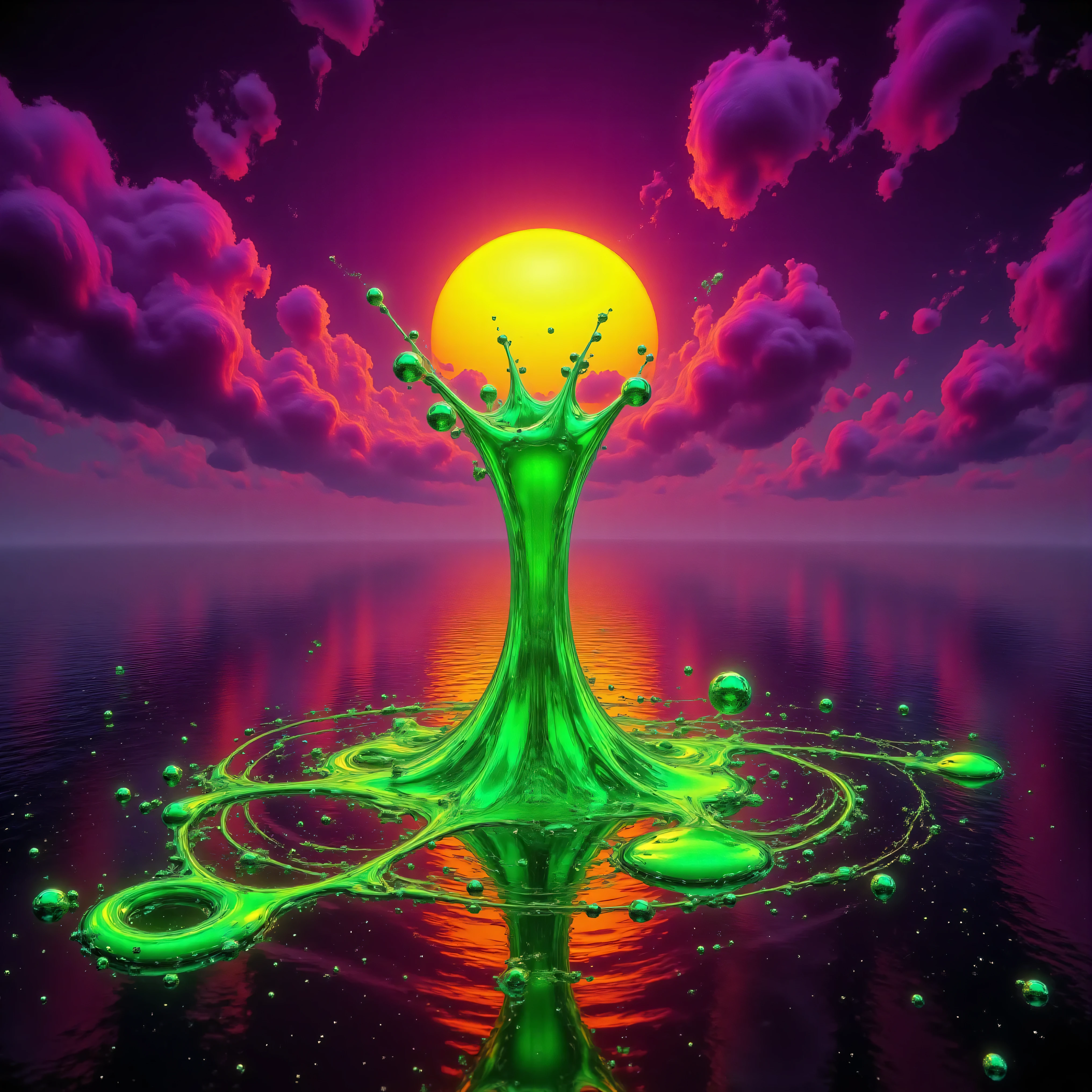 ultra-realistic, photo-realistic, bright vibrant colored realism. The giant lake with dark waters has slime green colored liquid erupting from its surface and rising in 30-foot-tall geysers in 3 different places. A neon orange center fizzes and when the neon slime green liquid comes back down the neon orange floats and spreads out in orange and neon yellow rings or tie dye on the lake's dark watered surface.  A few miniature geysers can be seen in red and yellow here and there on the lake. The background is a gorgeous sunset with the sun hovering huge and it is turning the many clouds a deep reddish purple. It is beautiful. A slight neon green sheen can be seen on the underside of the clouds. Attention to texture on the clouds and water, 8k, high-res, surrealism, visually striking, stunning landscape, aesthetically incredible and dramatic, cinematic photography, cinematic composition, icon style, intricate textures and details, best quality, vivid colors, realistic-looking, hyperrealistic, 3D rendered realism, 8k Octane, octane render, trending on artstation, stable diffusion, cinematic lighting and shading, cinematography, golden sun rays, tranquil lake, reflection on water, 4K, HDR, UHD, studio lighting, ultra-fine painting, physically-based rendering, extreme detail, professional, vivid colors, a masterpiece 
