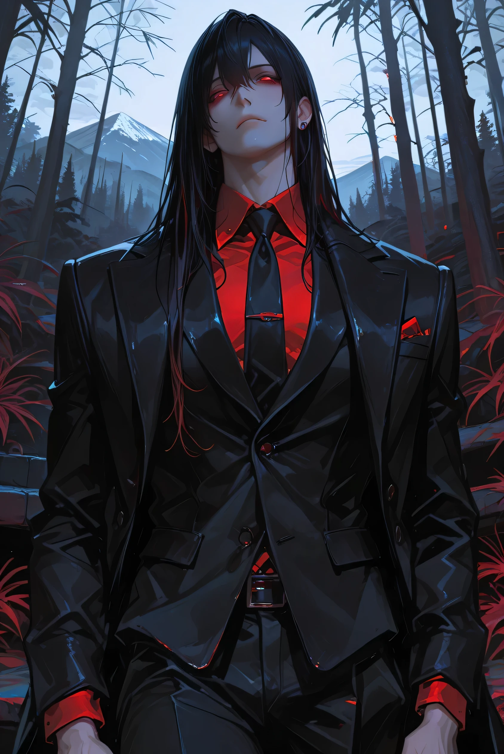 1 male, well proportioned face, attractive man, dressed in a scarlett-black suit, black coat, looking forward, cool and mysterious expression, long abyssal-black hair falling down his waist, crimson-red eyes, black slit pupils, star-less night, background – mountain, forest, jungle, pale-blood-moon illuminating the sky, sharp features, masterpiece, best quality