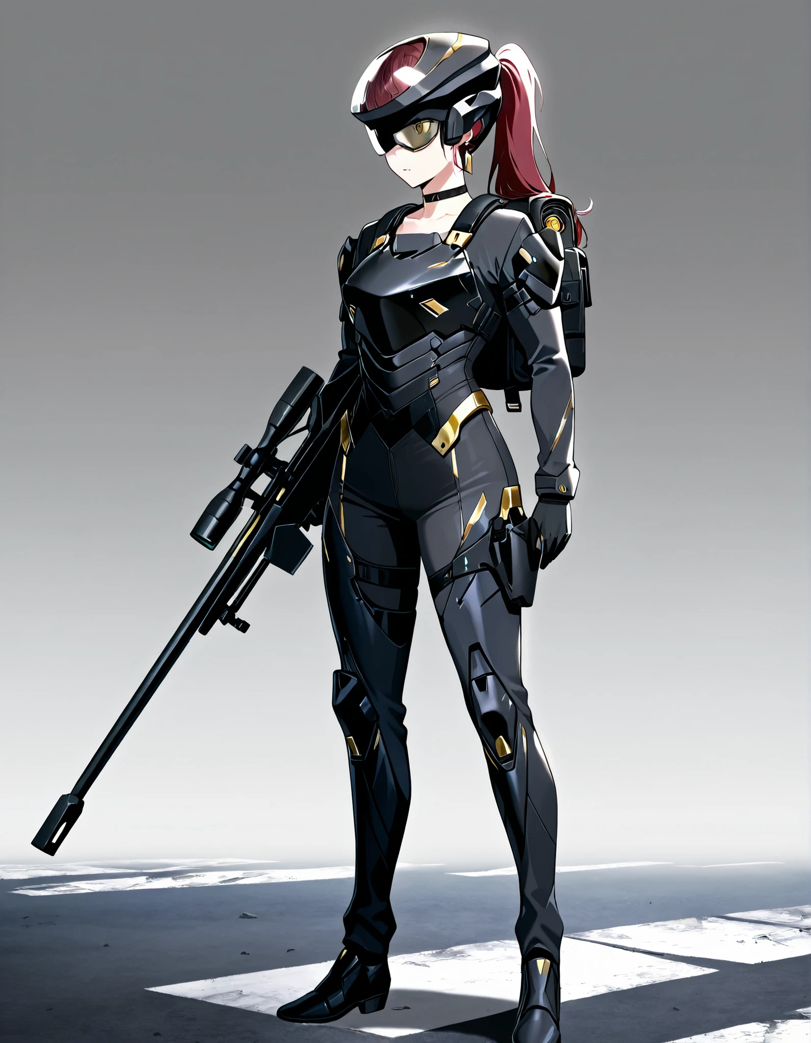 score_9, score_8_up, score_7_up,anime_screenshot,OFFICIAL ART,anime coloring, official anime artwork, screencap, anime screencap,uncensored,Newest,BREAK,1girl,solo,nikkedollasuit,ponytail,commander style,BREAK,(Sniper Rifle),full face helmet,sniper glasses,(black armor with gold line:1.5),black sci-fi bodysuit,black gloves,golden jewelries on collar,golden earrings, black holster on thigh,black choker,backpack,BREAK,Nikkepose,standing,BREAK,full body,from front,sci-fi,battle field