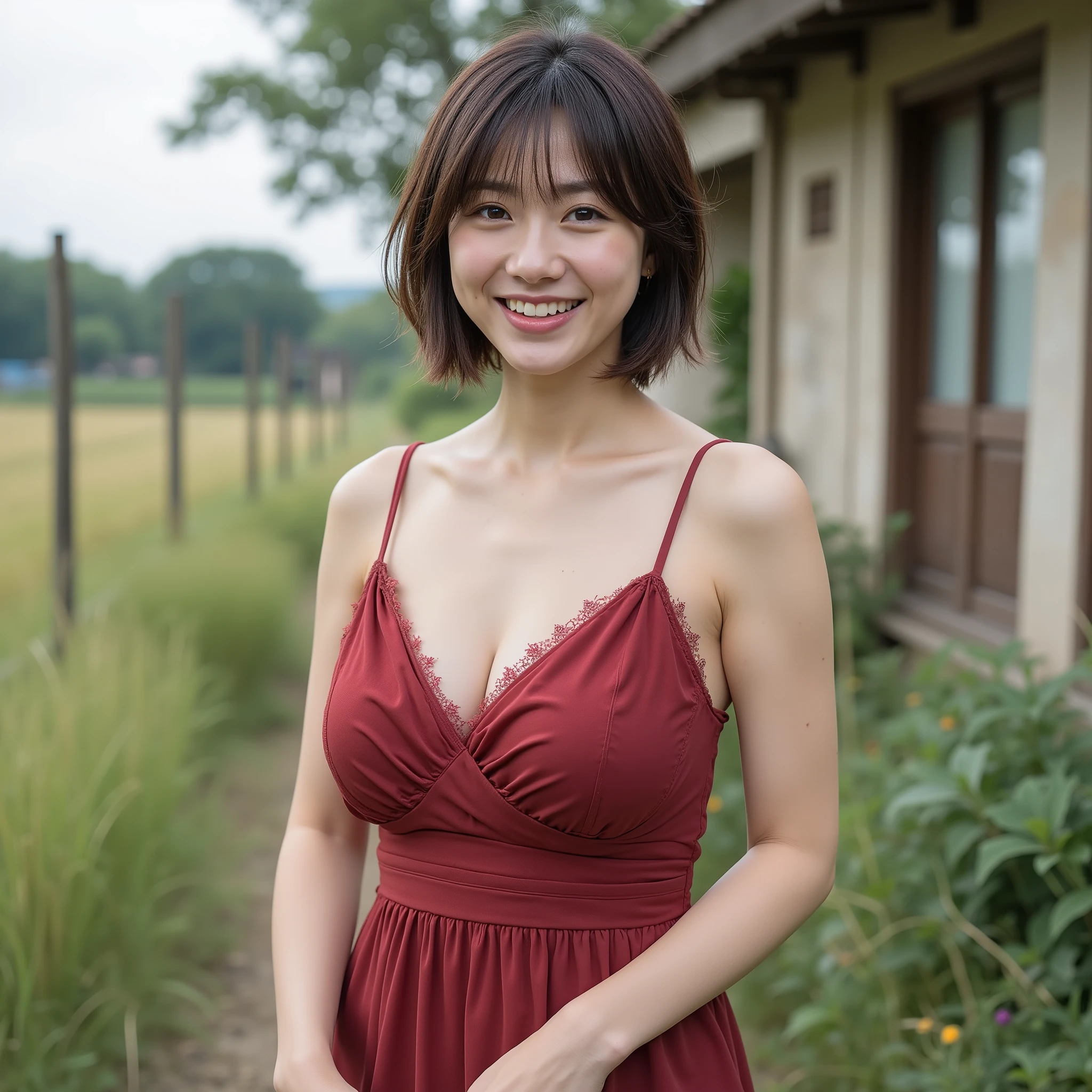 『A Japanese woman:1.3』『raw photo:1.3』Highest Quality:1.2、normal woman who isn't beautiful、Country-smelling 、(Saggy Chest、narrow waist:1.2))、((35 year old woman))、not wearing makeup『smiling:1.2』、(((anatomically correct、perfect anatomy、anatomically correct指の本数)))、Realistic, Highest Quality, ultra high definition, RAW photo, (thin waist:1.5)、Saggy Eyes、Round face outline、((Full Bodyが映っている女性の写真(A full body photo of a woman) - standing, long shot, full legs, elegant dress
:1.3))、((Full Body:1.3))、(((a full body photo of a woman, perfect hands, realistic fingers, 5 fingers on each hand, natural pose)))、((Highest Quality 、 8k 、real as pictured:1.4 、masterpiece )) 、 backlight 、 a woman with a very detailed facial texture 、 18 years old 、 (((Blue Cheerleader:1.2 ) )) 、 ((stadium background:1.2 ) ) 、 Raise Your Arms 、 super detailed skin 、 beautiful makeup 、 detailed eyes 、 Smile Yan 、 open mouth 、 shiny brown messy short hairstyle 、 without blurring the background、The background is also clear