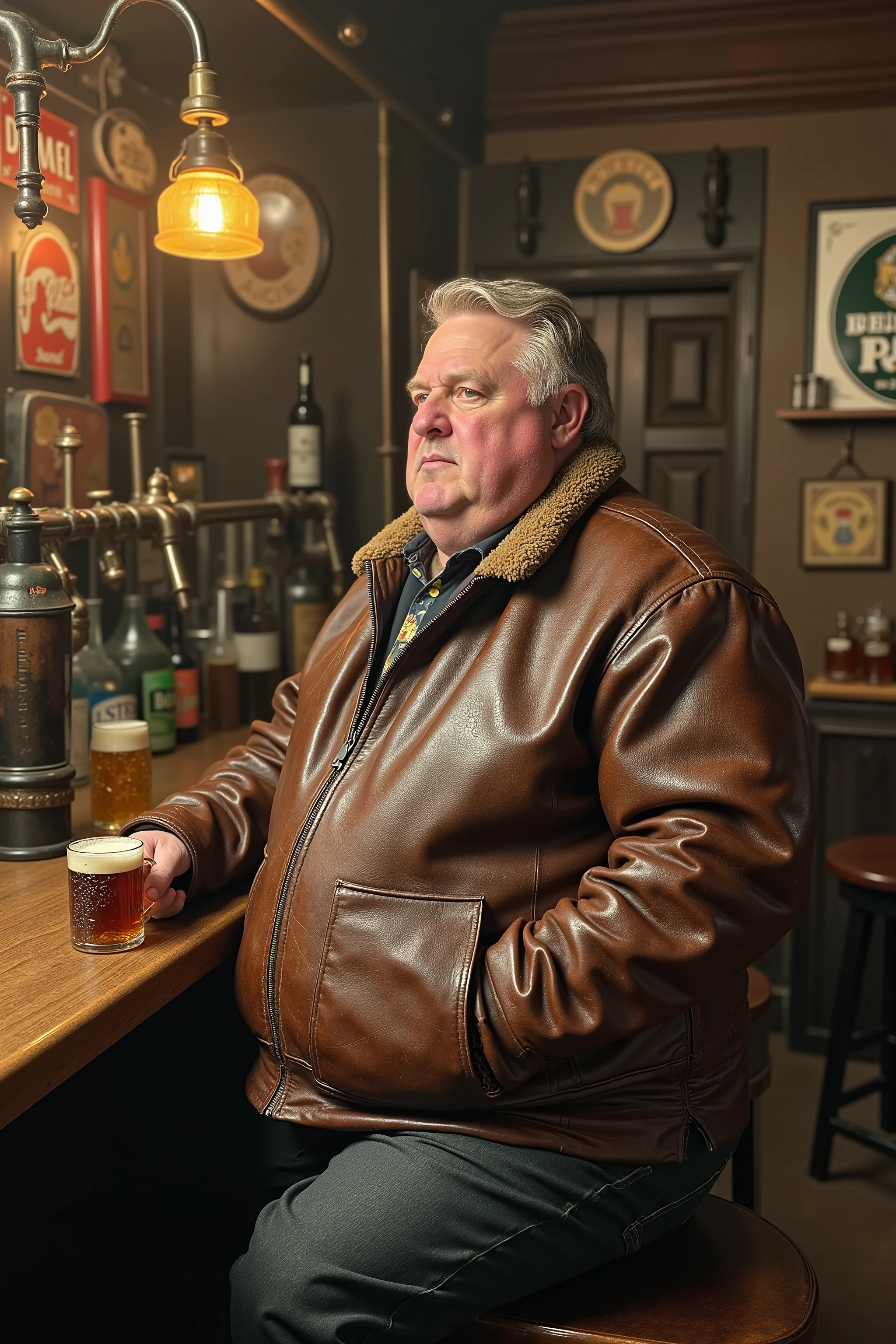 a 65 year old 350 pound overweight man wearing a vintage 1960s brown leather bomber jacket with shearling collar, the jacket has heavy staining wrinkles and scratches from dust and wear, sitting at a rustic wooden bar in a dimly lit pub, holding a large beer stein, surrounded by antique brass fixtures and vintage beer signs