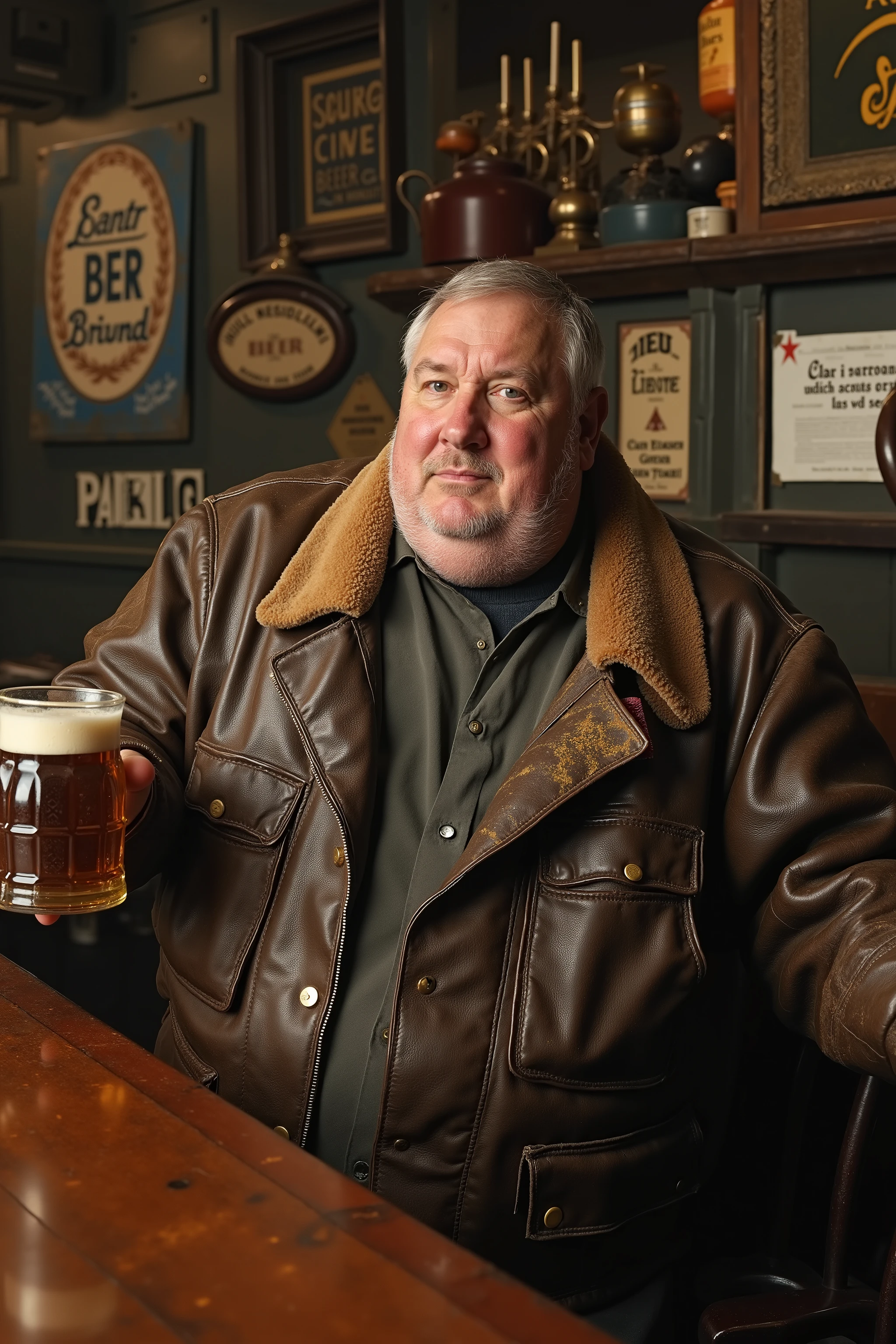 a 65 year old 350 pound overweight man wearing a vintage 1960s brown leather bomber jacket with shearling collar, the jacket has heavy staining wrinkles and scratches from dust and wear, sitting at a rustic wooden bar in a dimly lit pub, holding a large beer stein, surrounded by antique brass fixtures and vintage beer signs