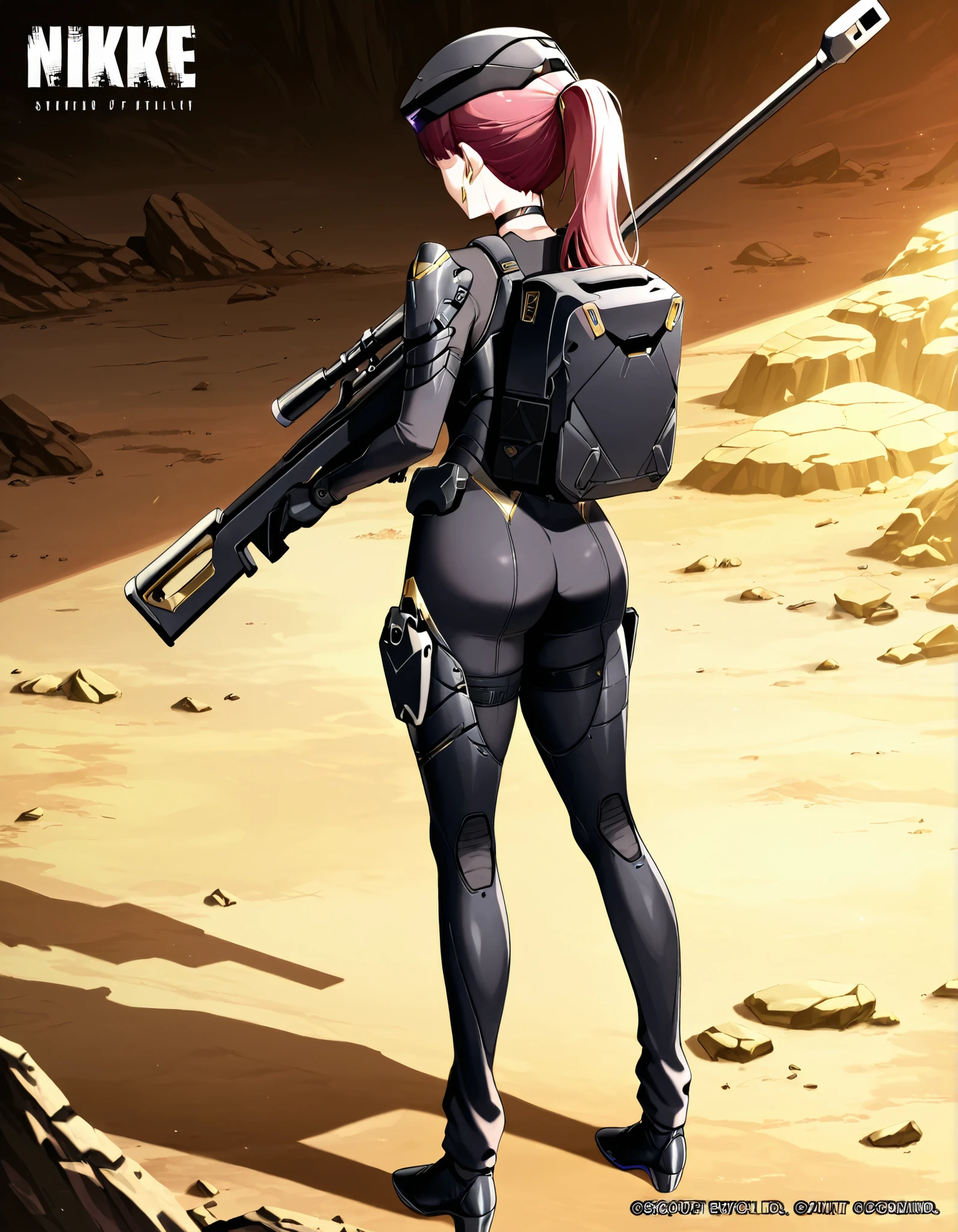 score_9, score_8_up, score_7_up,anime_screenshot,OFFICIAL ART,anime coloring, official anime artwork, screencap, anime screencap,uncensored,Newest,NIKKE style,BREAK,1girl,solo,nikkedollasuit,ponytail,commander type,BREAK,(Sniper Rifle),full face helmet,sniper glasses,(black armor with gold line:1.5),black sci-fi bodysuit,black gloves,golden jewelries on collar,golden earrings, black holster on thigh,black choker,backpack,BREAK,Nikkepose,standing,BREAK,full body,from behind,sci-fi,battle field
