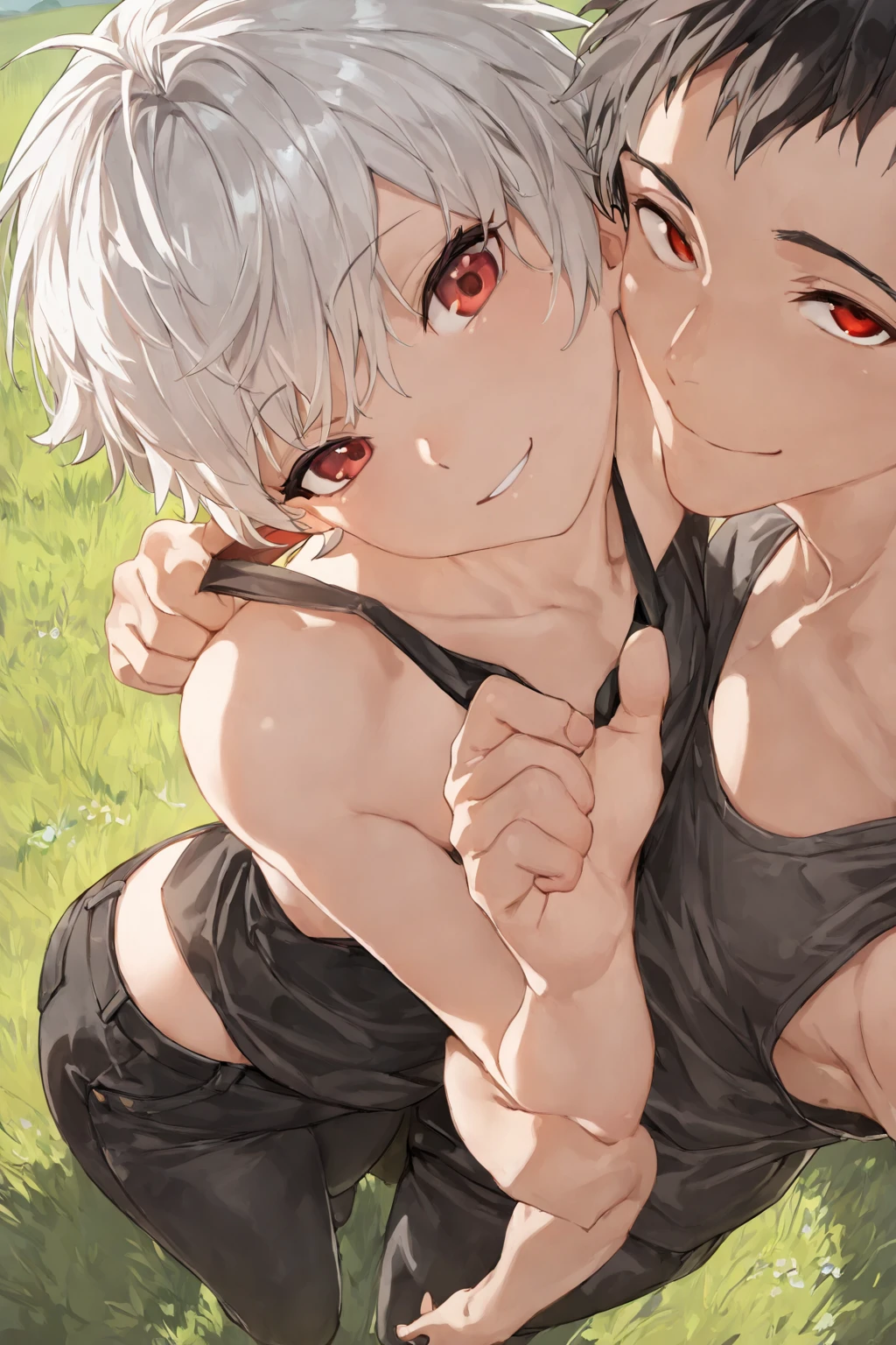 two animated anime characters one and one partially holding a cloth, 1girl, , 1boy, , navel, short hair, pointy ears, , blush, flat , looking at viewer, black background, ribs, hair ornament, black hair, white hair, blue eyes, pose, scene