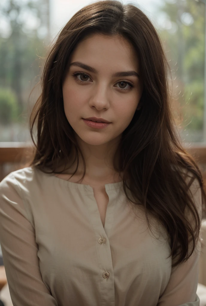 jovem mulher, 20 anos, 1,60 de altura, cabelo liso e castanho com franja, hazel brown eyes, queixo fino, nariz pequeno e empinado, pink lips, 57kg . seaart-cli --input imagem_original.png --output imagem_processada.png --quality high --realism high --details high
