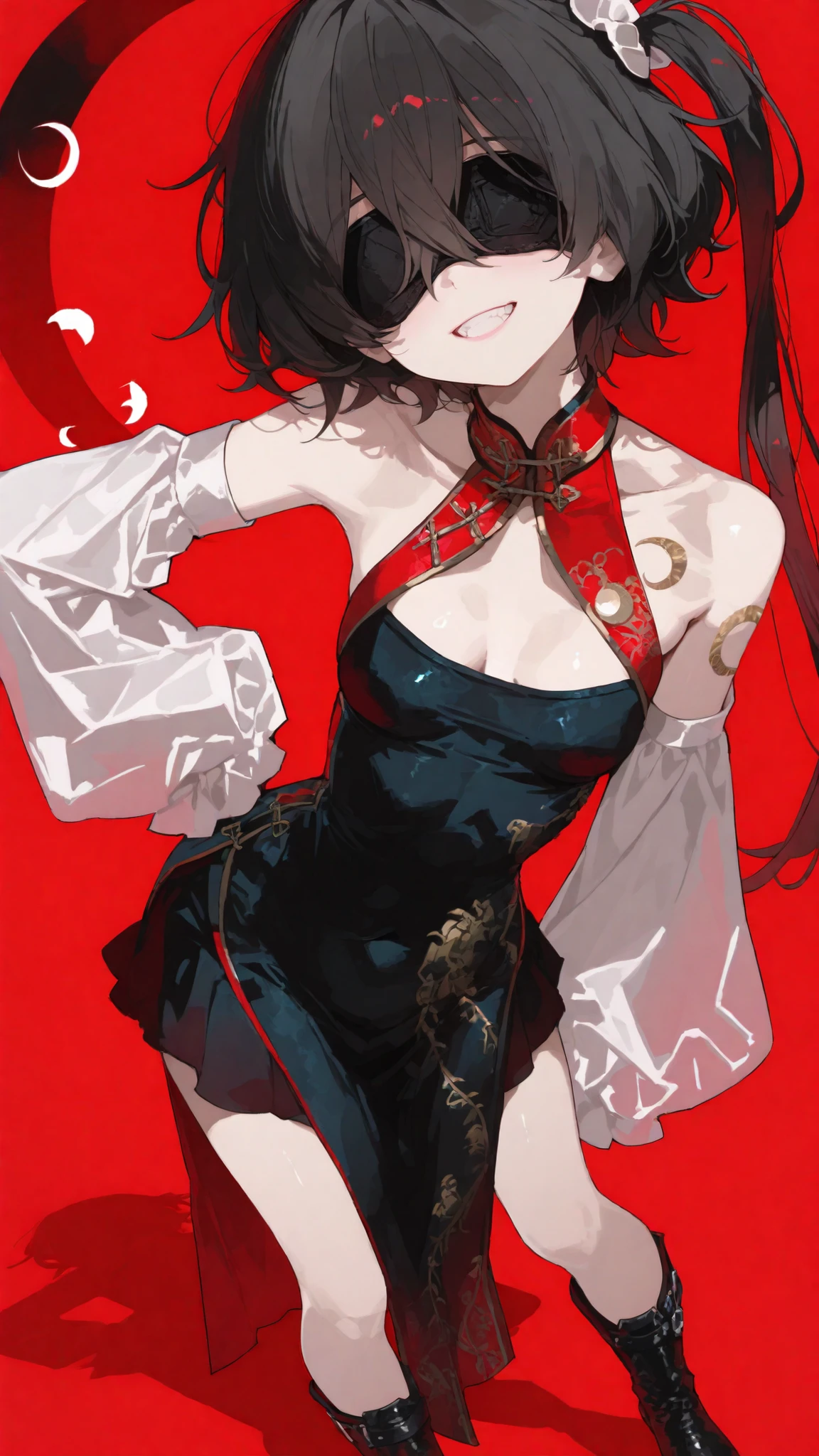 Blind Girl,long hair,sideponytail over left ,Black blindfold fabric,standing,Light Tan Skin ,red background, Middle breasts,Milf, Halter neck breasts,Chinese dress,smile,Grit your teeth,White sleeves,Skirt with a short top,Black Color Set,Leather boots,WHITE CRESCENT TATTOO,