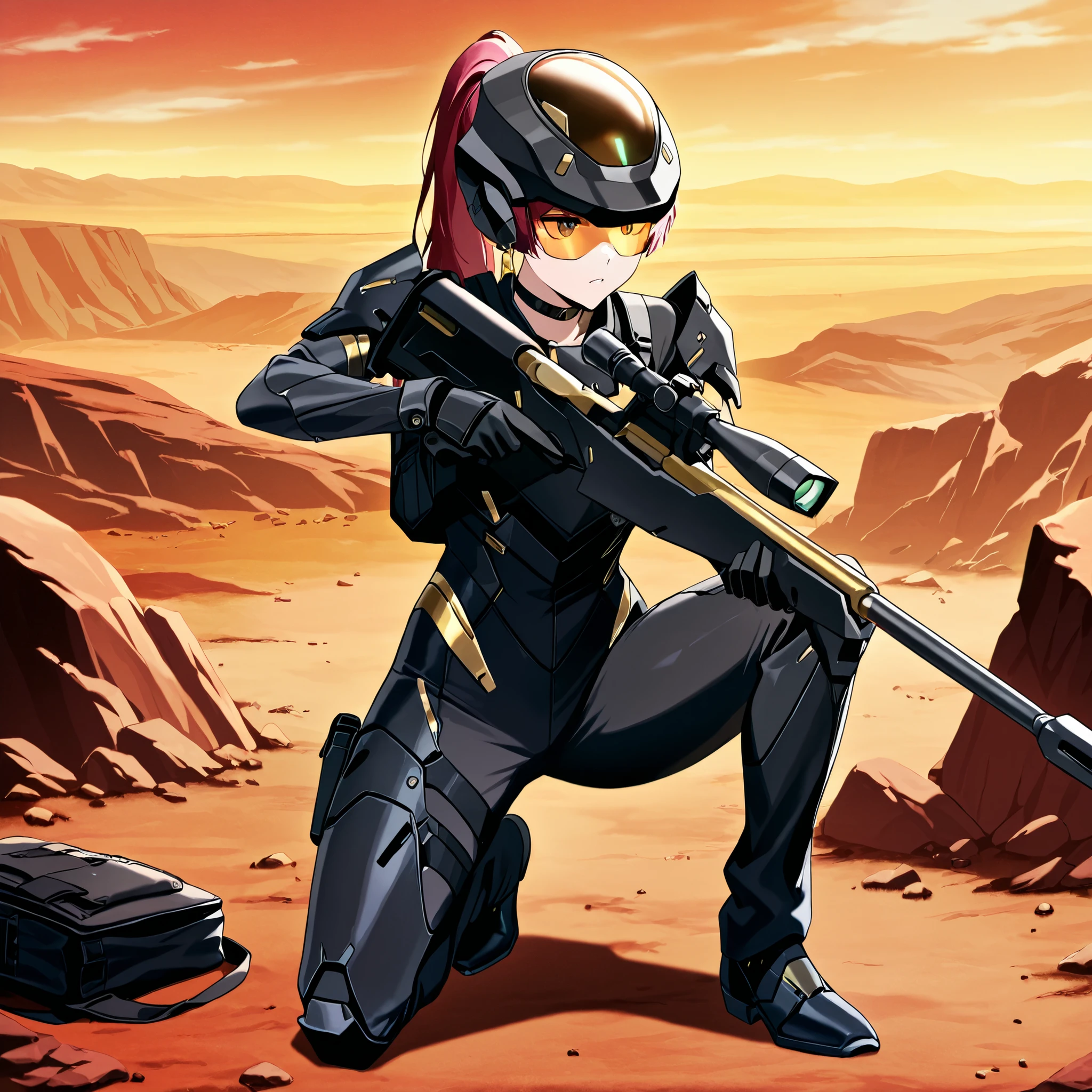 score_9, score_8_up, score_7_up,anime_screenshot,OFFICIAL ART,anime coloring, official anime artwork, screencap, anime screencap,uncensored,Newest,BREAK,1girl,solo,nikkedollasuit,ponytail,commander style,BREAK,(Sniper Rifle),full face helmet,sniper glasses,(black armor with gold line:1.5),black sci-fi bodysuit,black gloves,golden jewelries on collar,golden earrings, black holster on thigh,black choker,backpack,BREAK,Nikkepose,take a knee,shooting pose,BREAK,full body,from front,sci-fi,battle field