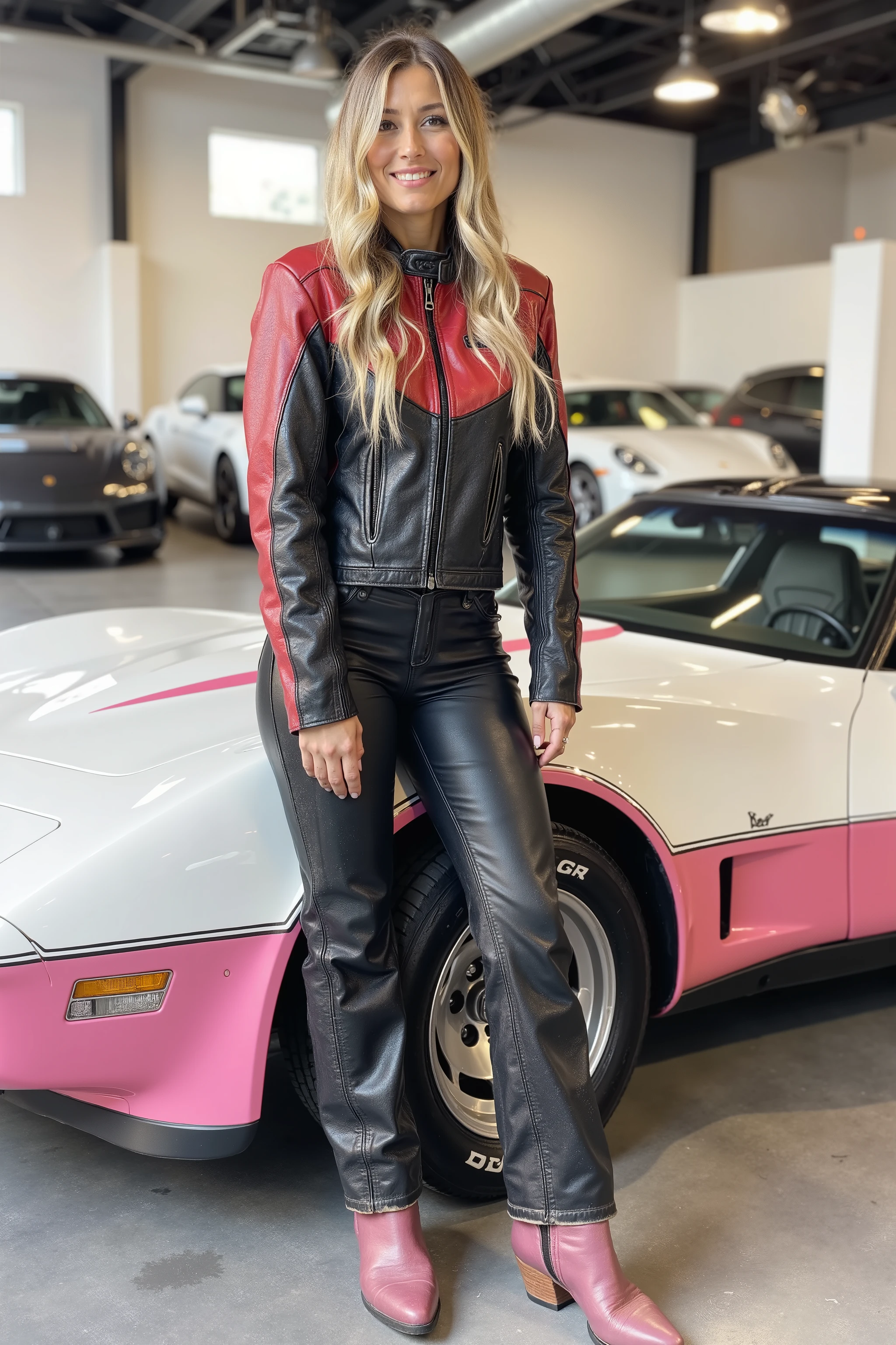 a 36 year old woman stands inside of an automotive showroom on a pedestal with a Corvette E-Ray 2024 in white and pink, the woman wears a red and black leather jacket from the 1970s the 1970swornbluwhtcfrcrjtk is heavily worn and has wrinkles and dust stains, the woman wears black leather overalls with a pink stripe, the woman wears pink boots, the woman has long bright blond hair