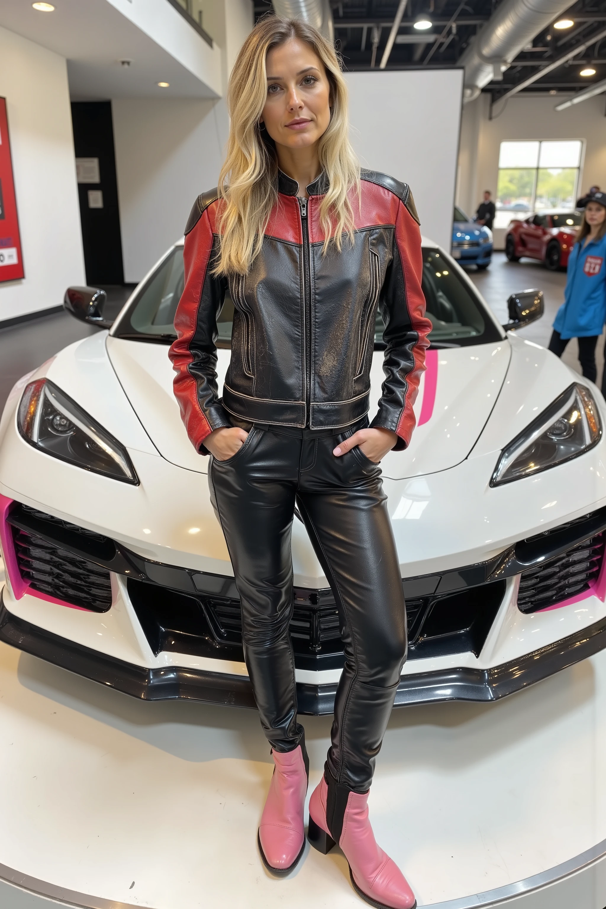 a 36 year old woman stands inside of an automotive showroom on a pedestal with a Corvette E-Ray 2024 in white and pink, the woman wears a red and black leather jacket from the 1970s the 1970swornbluwhtcfrcrjtk is heavily worn and has wrinkles and dust stains, the woman wears black leather overalls with a pink stripe, the woman wears pink boots, the woman has long bright blond hair