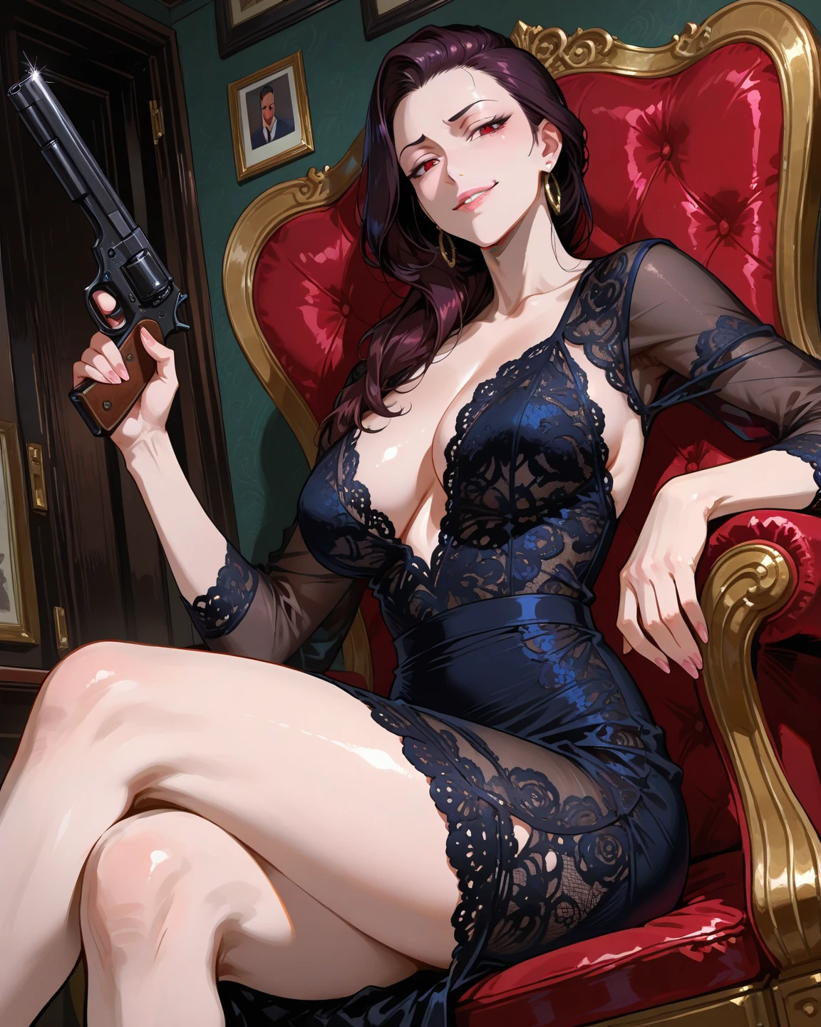 Masterpiece, hyper detailed 8k, perfect ???????, lying, 2rich short black haired girls ????, money and gun on bed, looking at viewer, slender body, blue eyes, flashing ?????, showing Titties, seductive blush, arms up, from below, young and very pretty girl, sheer, gleaming skin, upper ????, on gray colored bed, (accurate depiction of real girls ????? and ???????), money and gun on bed, full body shot, girls wearing red heels stilletos and black socks on her legs, diamond ring, golden earrings, golden watch, golden necklace, navel piercing on belly button and Christina piercing on her ?????, straight legs, Spreading her ?????, full body shot