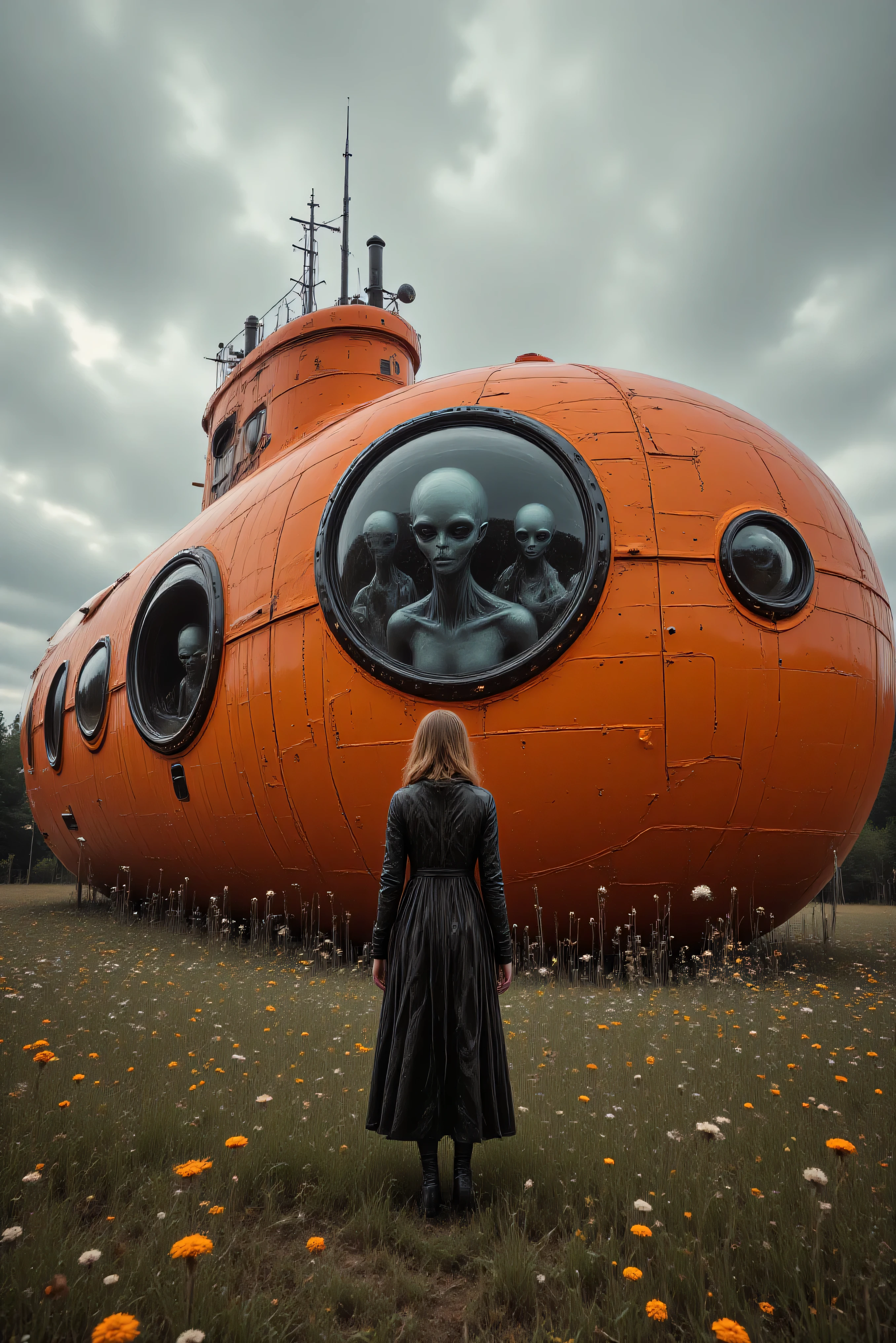 A disturbing photo of a lovely young woman standing in front of an old antique orange painted submarine in the middle of a large field with wildflowers growing tall all around it. There are portholes across the submarine and grey aliens with large heads and large solid black eyes can clearly be seen inside the sub staring out of these round windows. Some of them have moved beyond the windows and can be seen walking through the solid orange metal. Striking appearance, very unnerving feel, freaky photo, macabre fantasy art, highly detailed, ultra-realistic, photo-realistic, cinematic photography, cinematography, 3D rendered realism, physically-based rendering, extreme attention to detail, facial expressions, and texture, surrealism, 8k, highres, a masterpiece