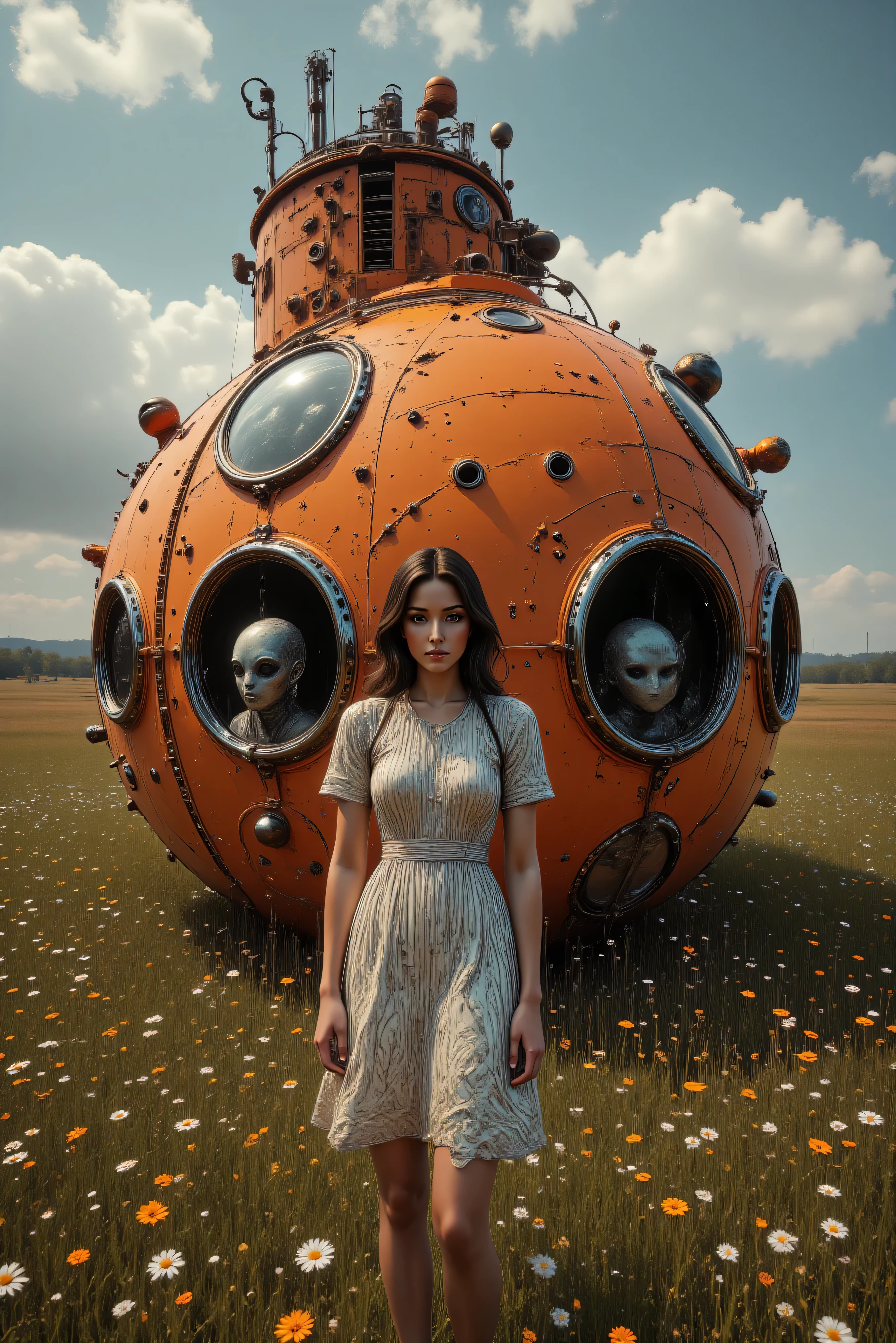 A lovely young woman stands in front of an old antique orange painted submarine in the middle of a large field with wildflowers growing tall all around it. There are portholes across the submarine and grey aliens with large heads and large solid black eyes can clearly be seen inside the sub staring out of these round windows. Striking appearance, very unnerving feel, freaky photo, macabre fantasy art, highly detailed, ultra-realistic, photo-realistic, cinematic photography, cinematography, 3D rendered realism, physically-based rendering, extreme attention to detail, facial expressions, and texture, surrealism, 8k, highres, a masterpiece
