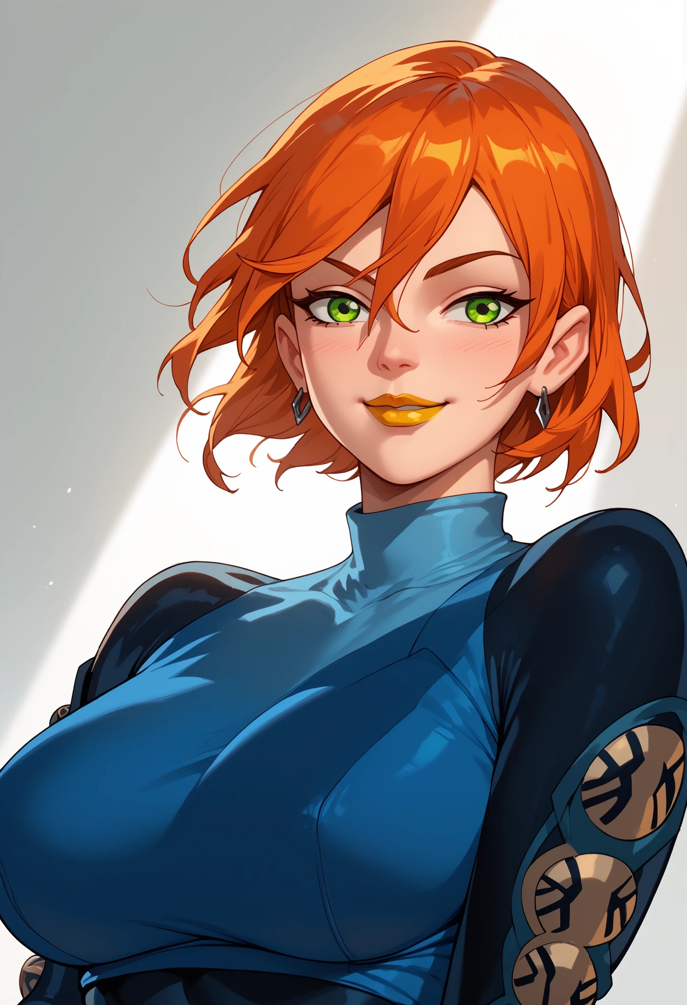 woman, green eyes, orange hair, big breasts, anime style, yellow lipstick, Gwen, white skin, sensual smile