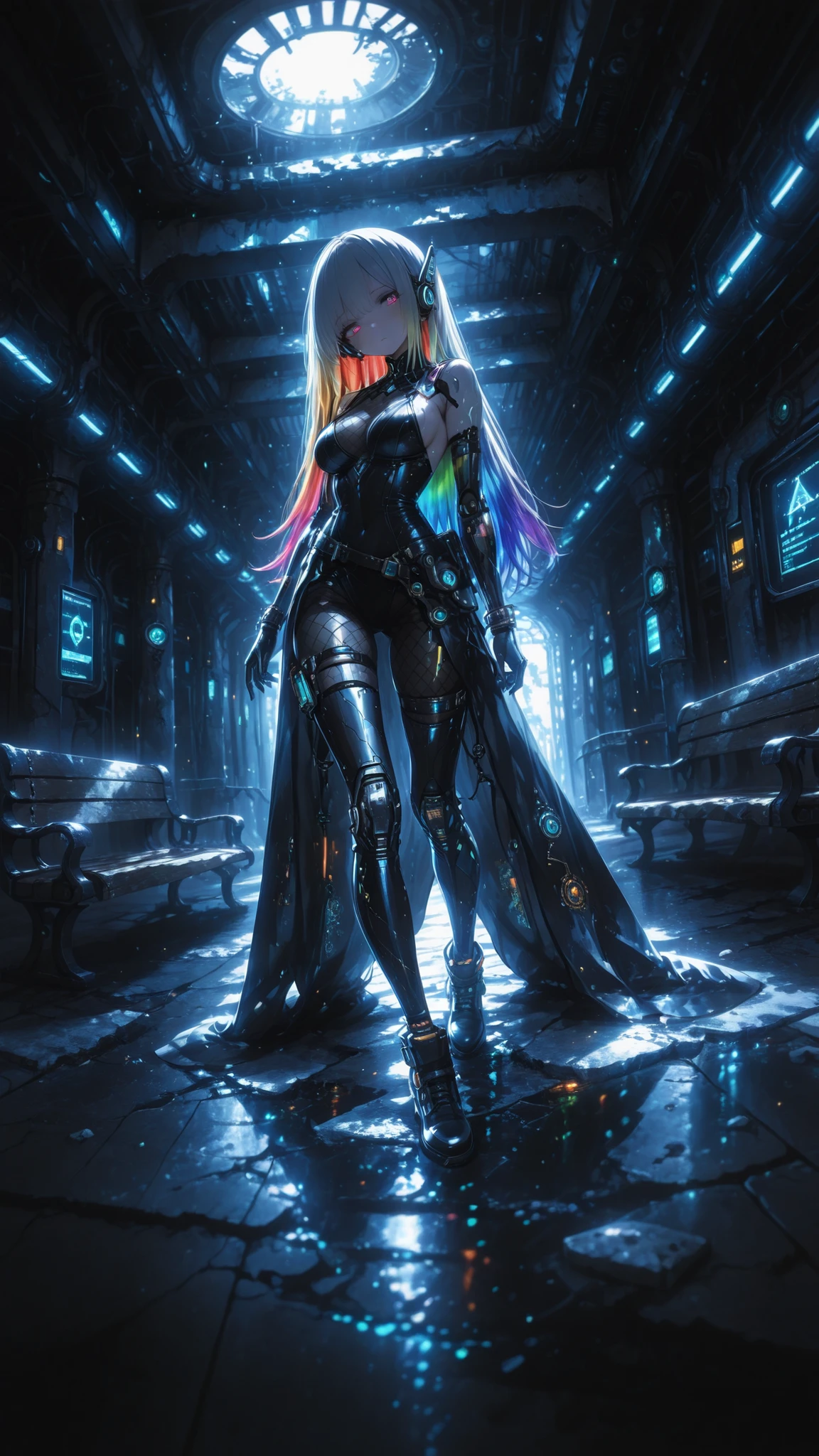1girl , solo , cyborg girl , cute ,
robot ears , rainbow-colored hair , diamond-shaped pupils ,
gray metallic paint skin , glowing lines , nanoscale patterns , circuit print design , robot joints , full body , contrapposto , stylish pose , wide shot ,
bondage, cleavage, sideboob , black fishnet bodystocking ,
{ Inside, an abandoned terminal station, a shattered skylight, cracked concrete floors throughout the station concourse, rusted rails, decayed wooden benches, broken and rusted steel columns, a ceiling partially collapsed in places, background ,
science fiction , steampunk },
science fiction , steampunk , dystopian society ,
super fine concept art , hard surface , eyes reflection , moistened eyes , well-defined features , a beautiful face , beautiful eyes , fine hair , fine skin , 748cmstyle ,
break ,
( ambient occlusion:0.9 ) , masterpiece , best quality , ultra-detailed , high resolution , good , extremely detailed CG , unity 8k wallpaper , super detailed skin , perfect , detailed beautiful face , detailed beautiful eyes , highres , chiaroscuro , highly detailed background , elaborately designed clothes , dramatic lighting , dramatic angle , light particles , RAW ,
