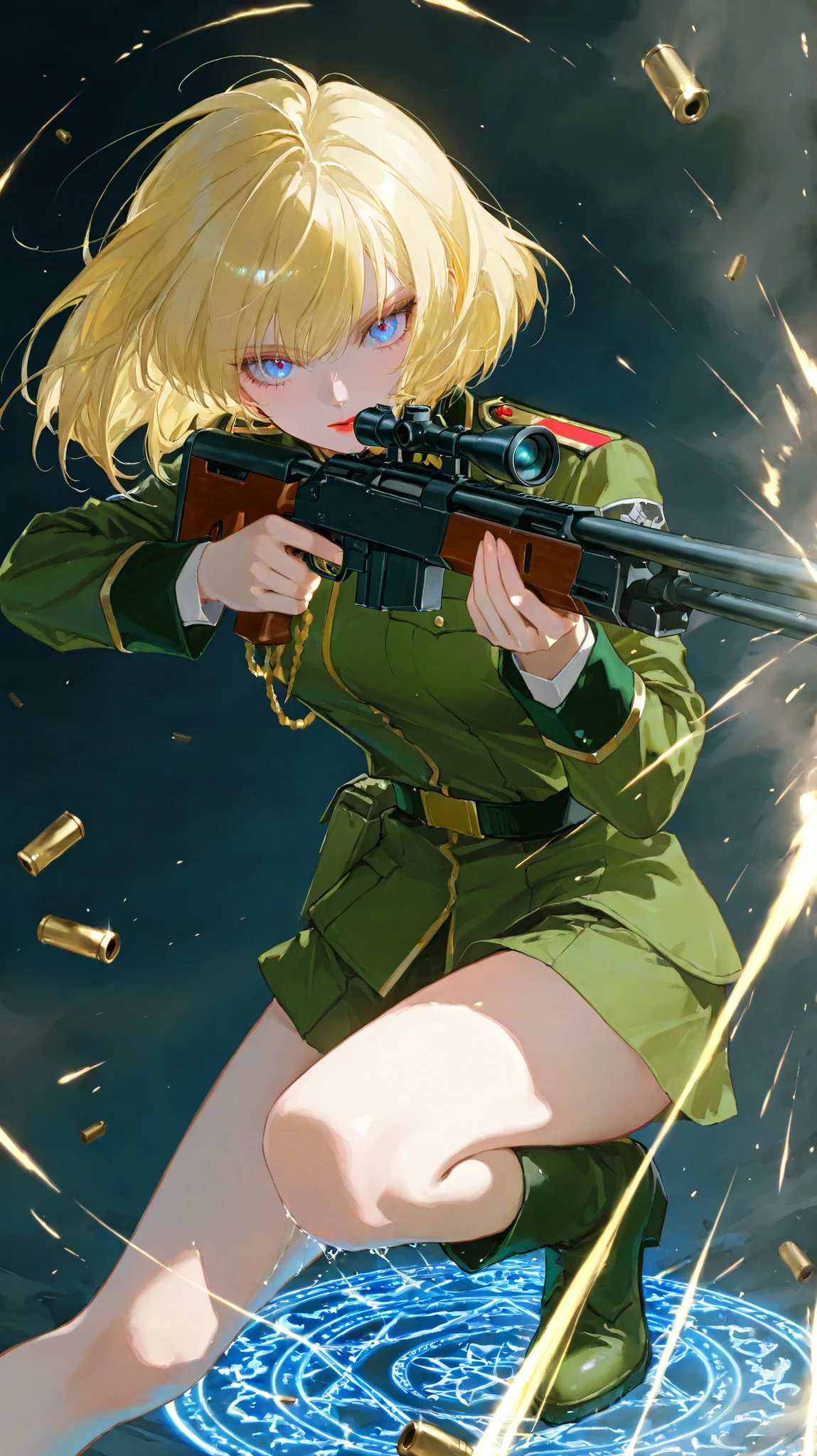 one girl, Delicate painting, A sophisticated eye, Red lips,Shining Blue Eyes, Cat-like Eyes, Blonde,Bob, green military uniform, Sniper rifle, gun, firing, shell casing, holding pistol, firing, aiming, kneeing, aiming, looking at viewer, magic circle