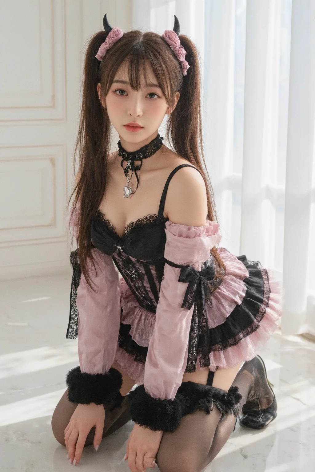 (absurdres:1.3), (highres:1.3), (ultra detailed:1.3),(1girl:1.3), (extremely detailed CG unity 8k wallpaper:1.3), (detailed skin texture, detailed cloth texture, detailed hair texture), (beautiful detailed face, supermodel, pale skin, realistic glistening skin), (RAW photo, best quality), (realistic, photo-realistic:1.4), masterpiece, extremely delicate and beautiful,Amazing, finely detail, extremely detailed CG unity 8k wallpaper, huge filesize, ultra-detailed, highres, absurdres, soft light,rim light, vibrant details, hotel room, long hair, black hair color, Big Natural Color Lip, ?????????????, (perfect body shape), beautiful legs, BREAK (white and baby-pink theme:1.4), (Japanese cute idol costumes:1.2), (costume divided into upper and lower parts:1.3), (princess cute crown on head:1.4), (white victorian blouse with short juliet sleeve:1.4), (baby-pink high waist multi-layered tiered skirt with an unusual number of ribbon decorations:1.4), 

BREAK (black and shocking-pink theme:1.3), (black over-knee-socks with shocking-pink argyle pattern print:1.4), (shocking-pink pumps with heels:1.2),
 little smile, Harajuku style、20 year old girl