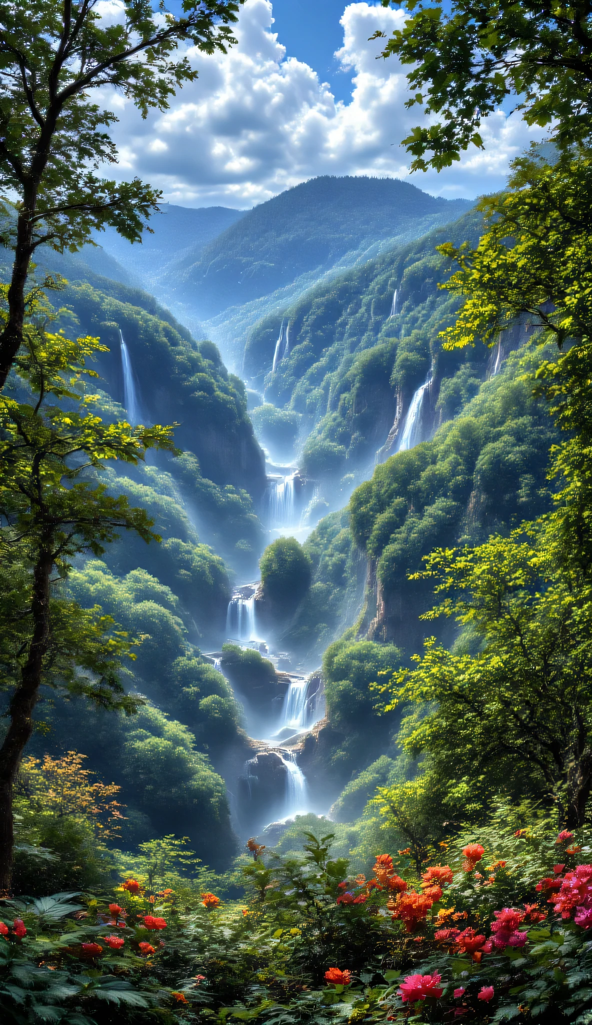 A hyper-realistic aerial Canon EOS R5 photograph of a spectacular tropical waterfall scene, main waterfall in the center with three massive cascading streams, surrounded by smaller waterfalls on the sides, lush tropical forest with gigantic colorful flowers and towering palm trees, bright sunlight illuminating the scene, crystal-clear blue sky, soft mist rising from the waterfalls, full mirroring water reflecting the vibrant scenery, sparkling highlights on the cascading water, ultra-high-resolution image capturing extraordinary detail in the textures of rocks, leaves, and water droplets, cinematic composition from a distant aerial perspective, HDR, vivid colors, magical and awe-inspiring atmosphere, natural beauty.