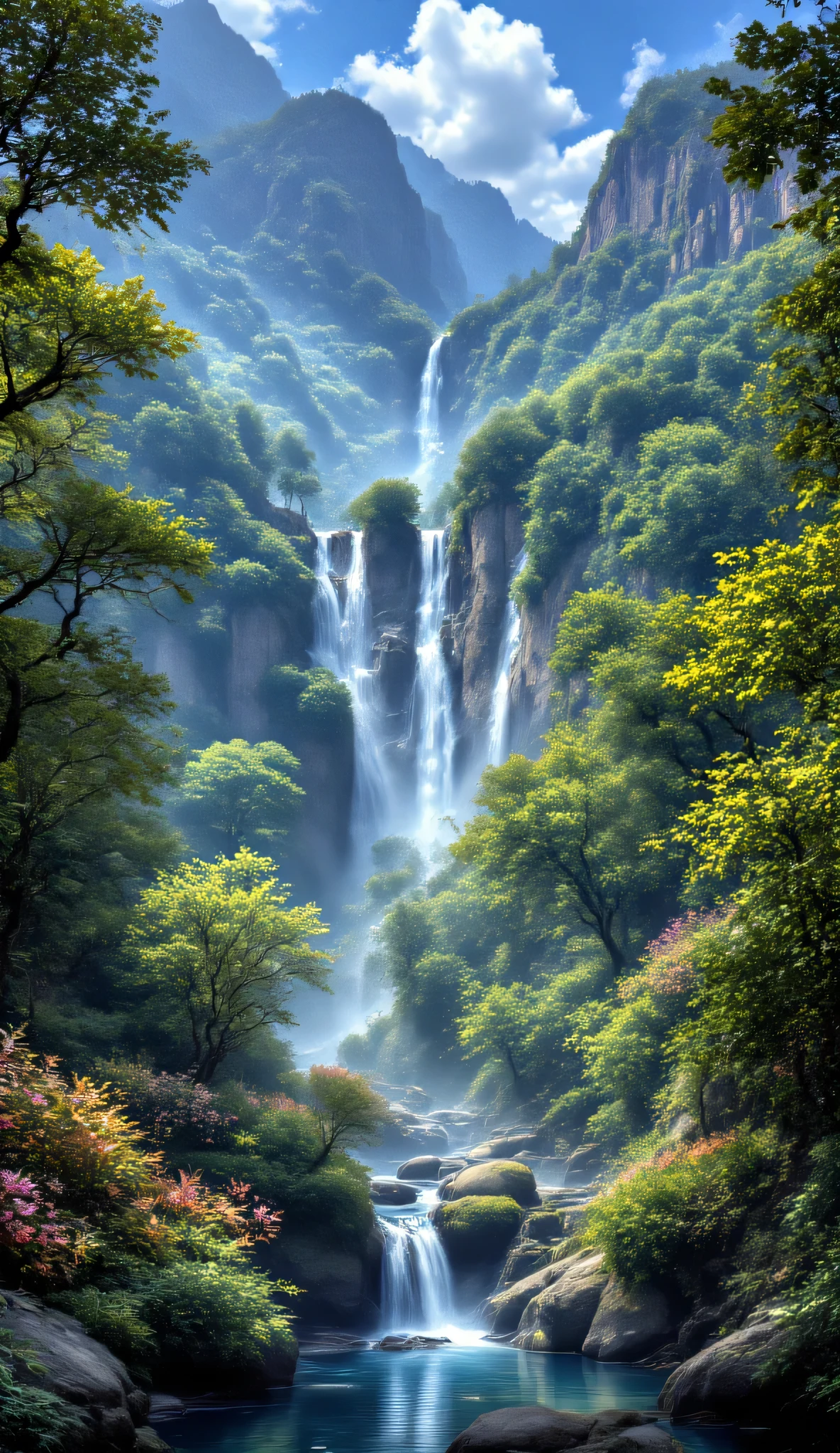 A hyper-realistic aerial Canon EOS R5 photograph of a spectacular tropical waterfall scene, main waterfall in the center with three massive cascading streams, surrounded by smaller waterfalls on the sides, lush tropical forest with gigantic, vividly colored flowers and towering palm trees, bright sunlight illuminating the scene, crystal-clear blue sky, soft mist rising from the waterfalls, full mirroring water reflecting the vibrant scenery, sparkling highlights on the cascading water, ultra-high-resolution image capturing extraordinary sharp detail in the textures of rocks, leaves, and water droplets, cinematic composition from a distant aerial perspective, HDR, ultra-vivid colors, razor-sharp focus, magical and awe-inspiring atmosphere, natural beauty
