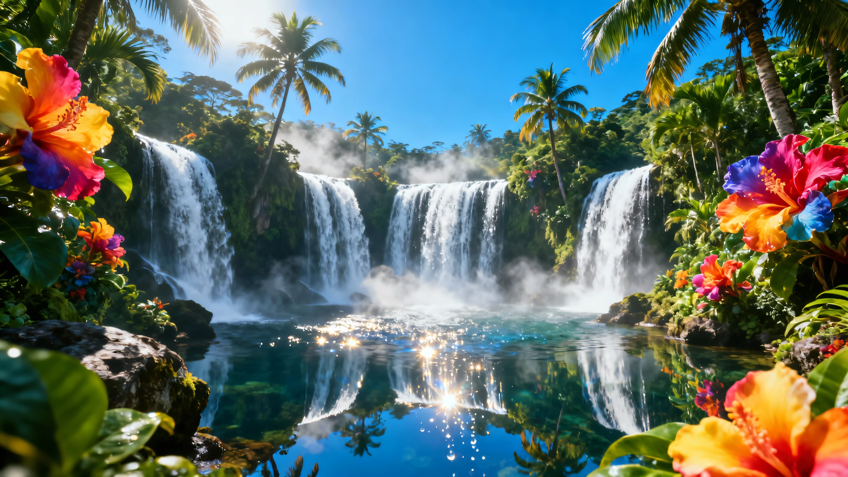 A hyper-realistic aerial Canon EOS R5 photograph of a spectacular tropical waterfall scene, main waterfall in the center with three massive cascading streams, surrounded by smaller waterfalls on the sides, lush tropical forest with gigantic, vividly colored flowers and towering palm trees, bright sunlight illuminating the scene, crystal-clear blue sky, soft mist rising from the waterfalls, full mirroring water reflecting the vibrant scenery, sparkling highlights on the cascading water, ultra-high-resolution image capturing extraordinary sharp detail in the textures of rocks, leaves, and water droplets, cinematic composition from a distant aerial perspective, HDR, ultra-vivid colors, razor-sharp focus, magical and awe-inspiring atmosphere, natural beauty