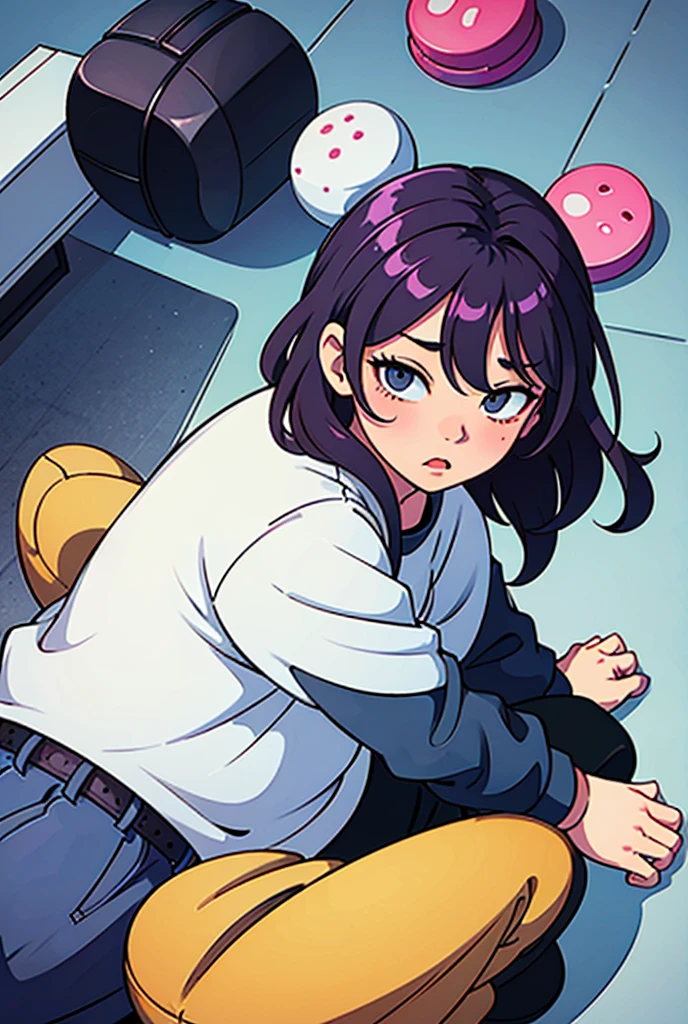 One girl, 20 years old, downtrodden girl, tired girl, confused girl, uncertain posture, long hair, black hair, brown hair. eyes with a transition from blue to purple, dark hair, anime style, 4k image, full body, modern appearance. all the details have been worked out, modern clothes, full-fledged clothes, baggy clothes, cheap clothes, detailed face, lots of details, very detailed, deep, elaborate facial expression, in the apartment, sleeping in bed, lying on the bed, sleeping