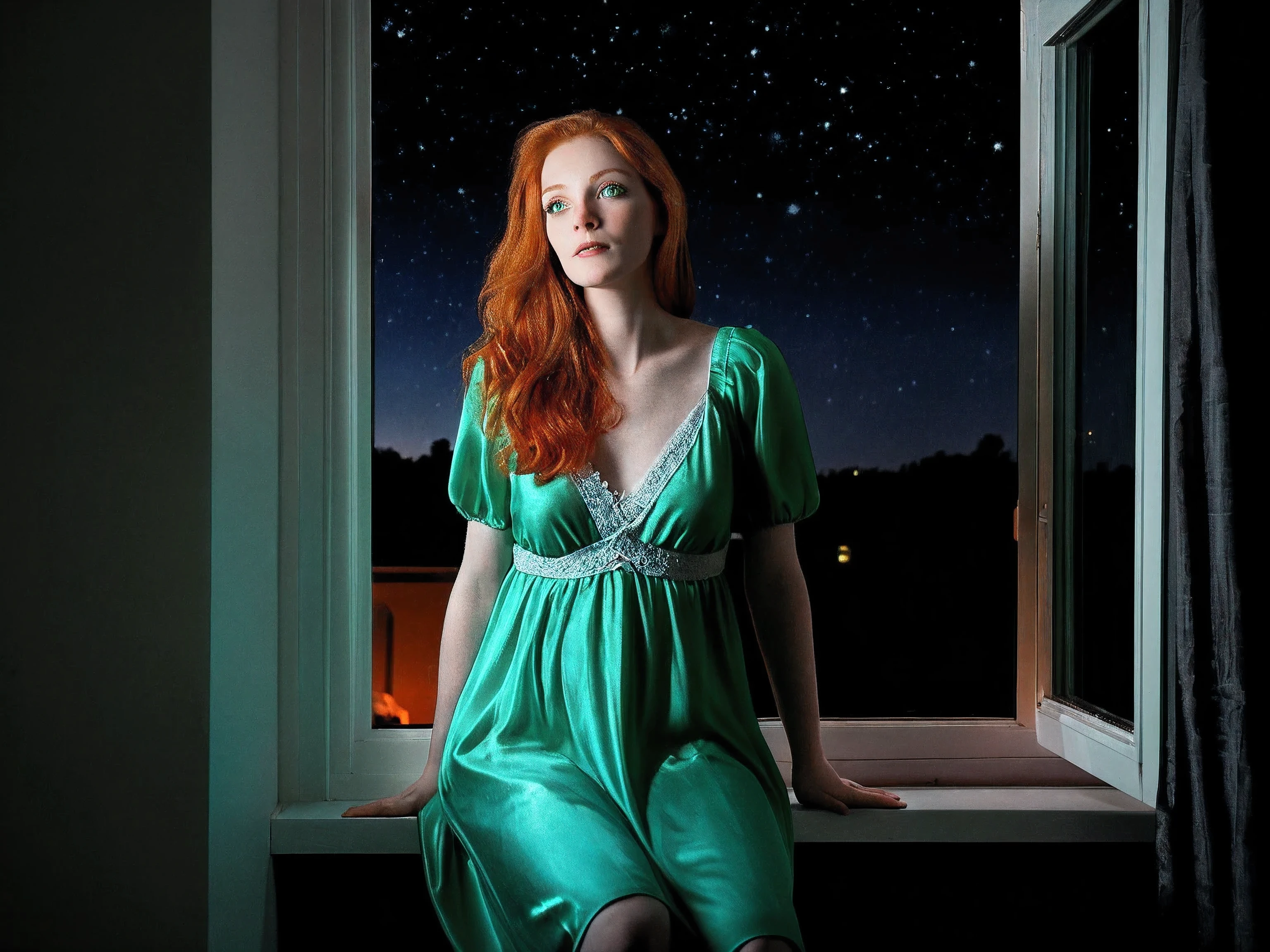 lazypos, photo, night, starlight, dimly lit, night photography, indoors, beautiful woman watching the stars through her bedroom window, stargazing, redhead, pale skin, green eyes, wearing a nightgown
