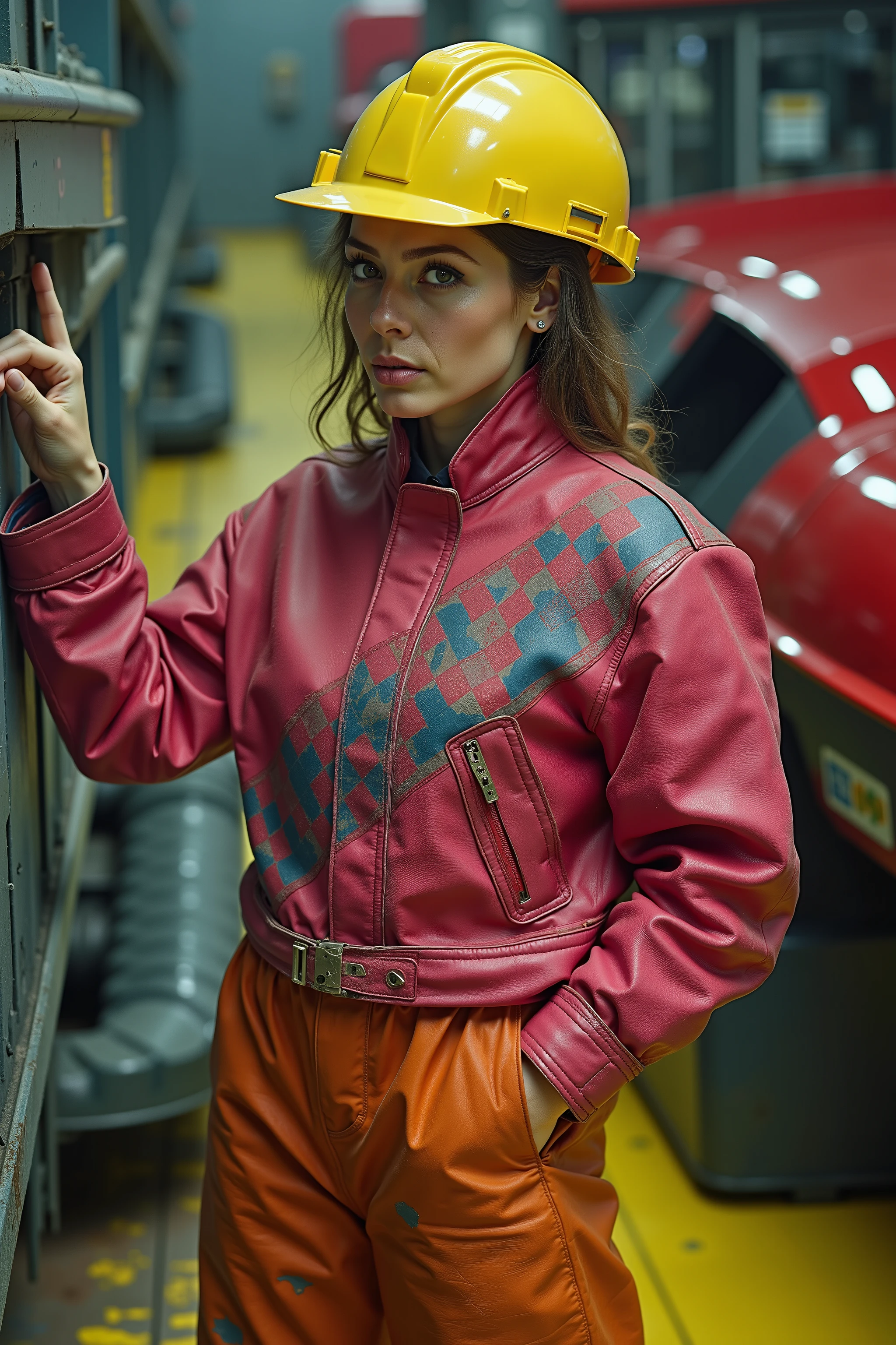a 34 year old woman wearing a bright pink and red bredwhtredcheckercrjkt 1970s era leather jacket with a blue and black checkered stripe across the chest, the jacket is heavily worn with wrinkles dust spots and grime marks, the woman is inside of an expansive futuristic automotive assembly line factory, she stands in a yellow square next to a factory machine that makes car hoods, the woman has her hand reaching up to the keyboard of a wall mounted control computer that controls the factory machine, the woman is wearing dirty worn orange heavy duty rubber pants with oil spots and dust stains, the woman wears a yellow hardhat, the woman looks toward the camera, the camera is at a high angle overviewing the machine the woman operates