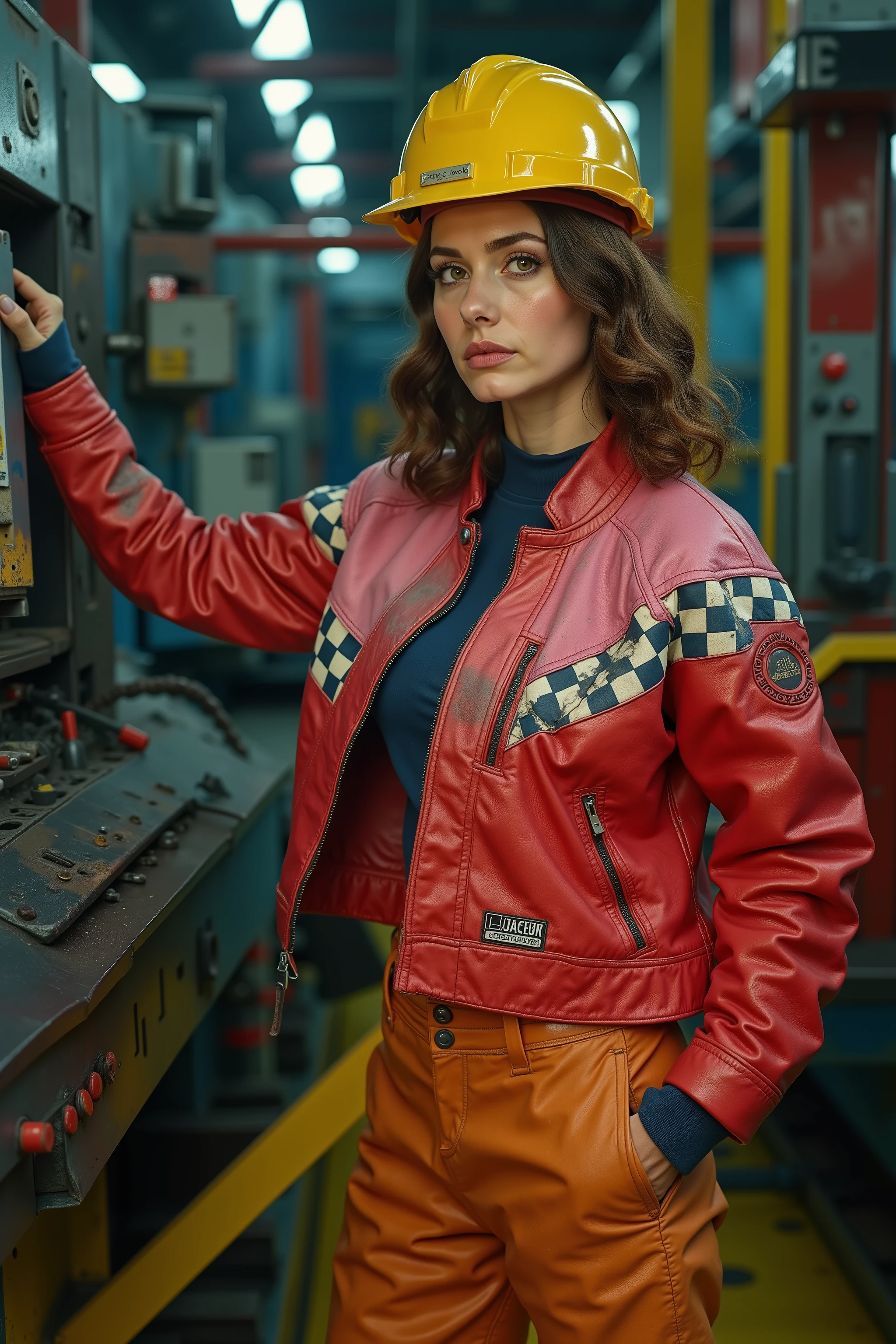 a 34 year old woman wearing a bright pink and red bredwhtredcheckercrjkt 1970s era leather jacket with a blue and black checkered stripe across the chest, the jacket is heavily worn with wrinkles dust spots and grime marks, the woman is inside of an expansive futuristic automotive assembly line factory, she stands in a yellow square next to a factory machine that makes car hoods, the woman has her hand reaching up to the keyboard of a wall mounted control computer that controls the factory machine, the woman is wearing dirty worn orange heavy duty rubber pants with oil spots and dust stains, the woman wears a yellow hardhat, the woman looks toward the camera, the camera is at a high angle overviewing the machine the woman operates