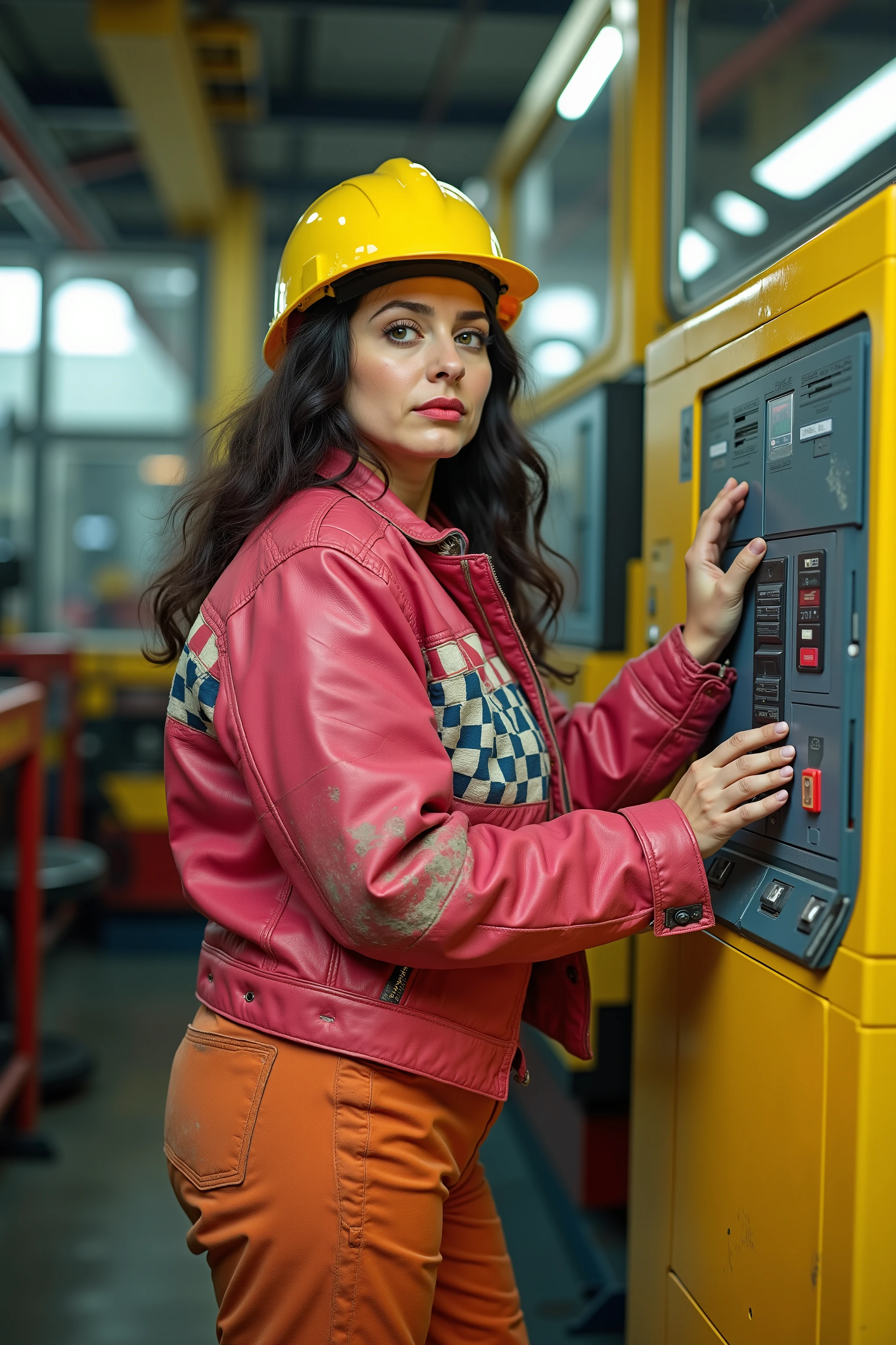 a 34 year old woman wearing a bright pink and red bredwhtredcheckercrjkt 1970s era leather jacket with a blue and black checkered stripe across the chest, the jacket is heavily worn with wrinkles dust spots and grime marks, the woman is inside of an expansive futuristic automotive assembly line factory, she stands in a yellow square next to a factory machine that makes car hoods, the woman has her hand reaching up to the keyboard of a wall mounted control computer that controls the factory machine, the woman is wearing dirty worn orange heavy duty rubber pants with oil spots and dust stains, the woman wears a yellow hardhat, the woman looks toward the camera, the camera is at a high angle overviewing the machine the woman operates