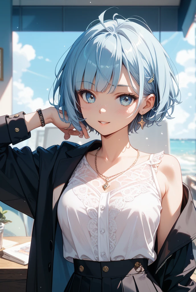 (Highest quality:1.4、8K:1.4、detailed)、F cup bust、Big Breasts、Slim body、Very white beautiful skin、((((1 person、Troubled expression、sit、Chair、In the background are the urban buildings of Tokyo、looking at the camera、Outdoor café terrace、coastal、Navy hair color、juice、Shooting up close、table、Very cute face))))、((((、))))、(Touching cheeks with both hands pose:1.4)、(((Off-the-shoulder sweater)))、、Very blue sky、A completely cloudless sky