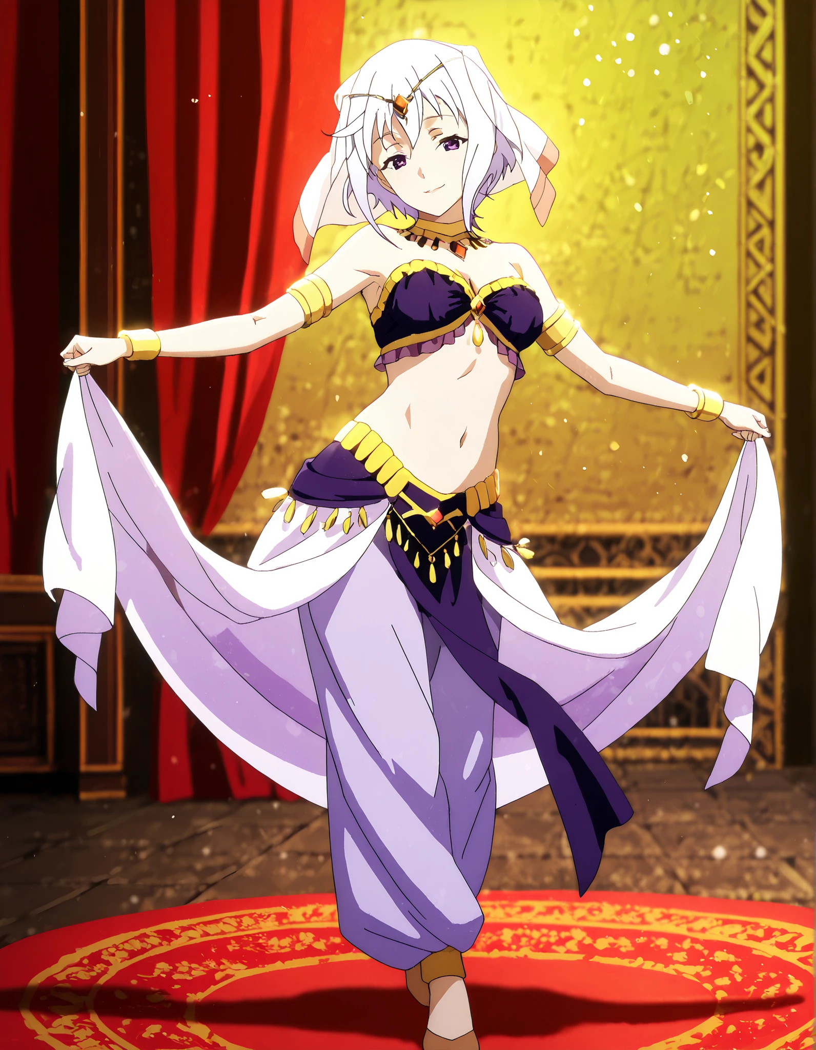 (1girl:1 . 5) , (Seul:1 . 5) , score_9 , score_8_haut , score_7_haut , source_anime , Official work , ultra-detailed , masterpiece , best quality , high resolution , beaux yeux , detailed eyes , Detailed face , beautiful detailed eyes,1girl,short hair, white hair, purple eyes,KonoSuba: God's Blessing on This Wonderful World!,Eris,Arabian Clothes , Arabian Dancer Outfit ,belly dancer costume,belly dancer outfit ,full body,golden jewelery,armlet, belly dancing,arabian theater,seductive smile, dancing with veil, dynamic movement,dance posture, pose