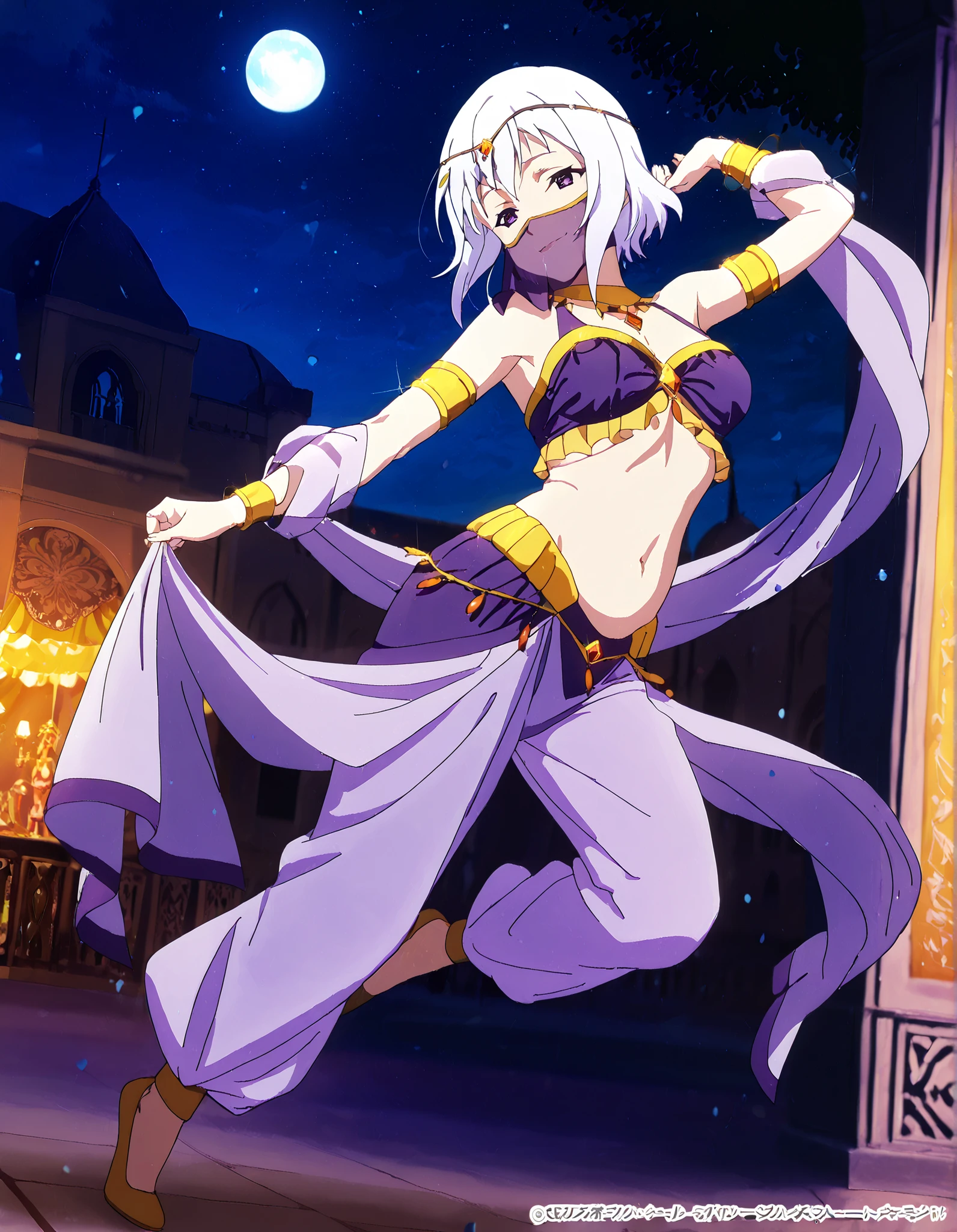 (1girl:1 . 5) , (Seul:1 . 5) , score_9 , score_8_haut , score_7_haut , source_anime , Official work , ultra-detailed , masterpiece , best quality , high resolution , beaux yeux , detailed eyes , Detailed face , beautiful detailed eyes,1girl,short hair, white hair, purple eyes,KonoSuba: God's Blessing on This Wonderful World!,Eris,Arabian Clothes , Arabian Dancer Outfit ,belly dancer costume,belly dancer outfit ,full body,golden jewelery,mouth veil,armlet, belly dancing,night,arabian garden,seductive smile, dancing with veil, dynamic movement,dance posture, pose