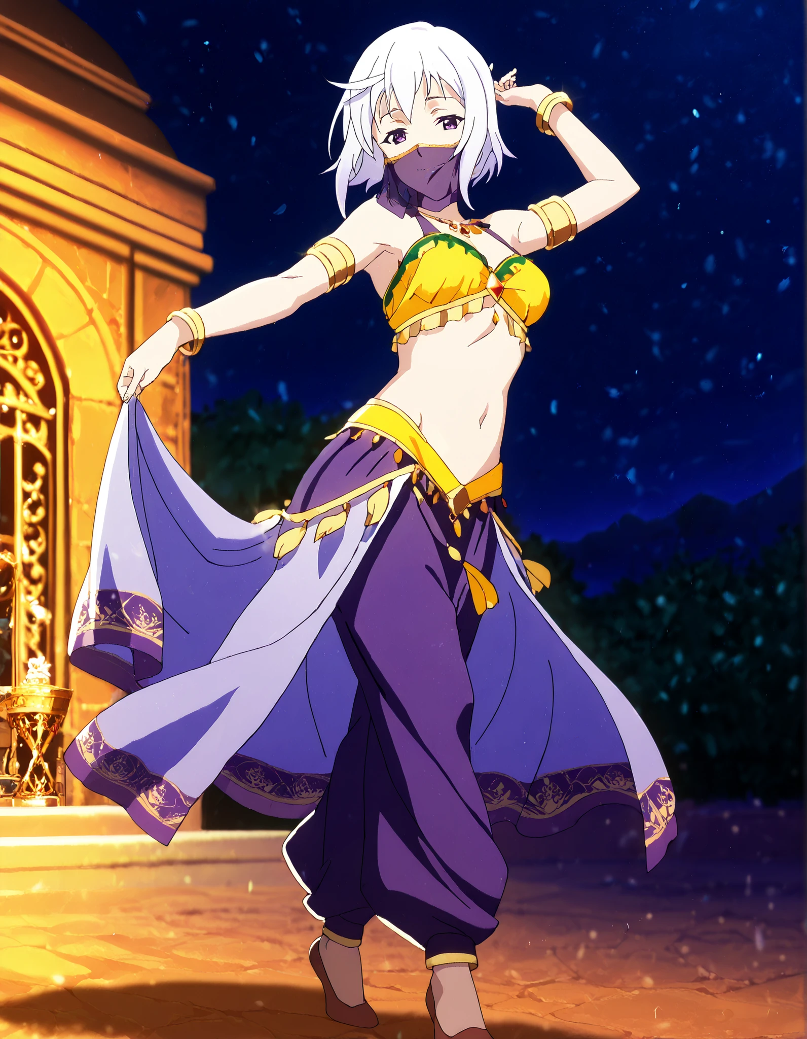 (1girl:1 . 5) , (Seul:1 . 5) , score_9 , score_8_haut , score_7_haut , source_anime , Official work , ultra-detailed , masterpiece , best quality , high resolution , beaux yeux , detailed eyes , Detailed face , beautiful detailed eyes,1girl,short hair, white hair, purple eyes,KonoSuba: God's Blessing on This Wonderful World!,Eris,Arabian Clothes , Arabian Dancer Outfit ,belly dancer costume,belly dancer outfit ,full body,golden jewelery,mouth veil,armlet, belly dancing,night,arabian garden,seductive smile, dancing with veil, dynamic movement,dance posture, pose