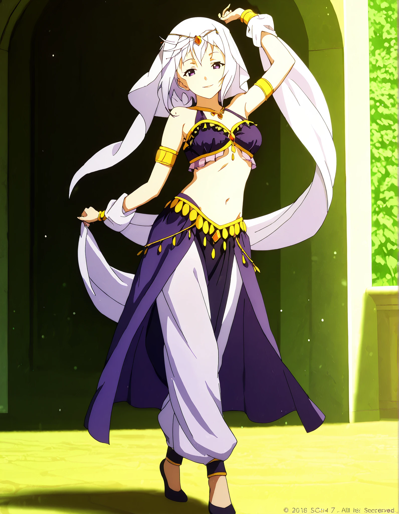 (1girl:1 . 5) , (Seul:1 . 5) , score_9 , score_8_haut , score_7_haut , source_anime , Official work , ultra-detailed , masterpiece , best quality , high resolution , beaux yeux , detailed eyes , Detailed face , beautiful detailed eyes,1girl,short hair, white hair, purple eyes,KonoSuba: God's Blessing on This Wonderful World!,Eris,Arabian Clothes , Arabian Dancer Outfit ,belly dancer costume,belly dancer outfit ,full body,golden jewelery,armlet, belly dancing,arabian garden,seductive smile, dancing with veil, dynamic movement,dance posture, pose