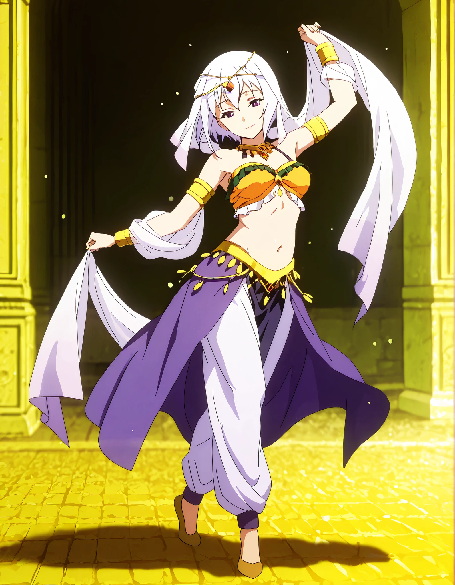 (1girl:1 . 5) , (Seul:1 . 5) , score_9 , score_8_haut , score_7_haut , source_anime , Official work , ultra-detailed , masterpiece , best quality , high resolution , beaux yeux , detailed eyes , Detailed face , beautiful detailed eyes,1girl,short hair, white hair, purple eyes,KonoSuba: God's Blessing on This Wonderful World!,Eris,Arabian Clothes , Arabian Dancer Outfit ,belly dancer costume,belly dancer outfit ,full body,golden jewelery,armlet, belly dancing,arabian garden,seductive smile, dancing with veil, dynamic movement,dance posture, pose