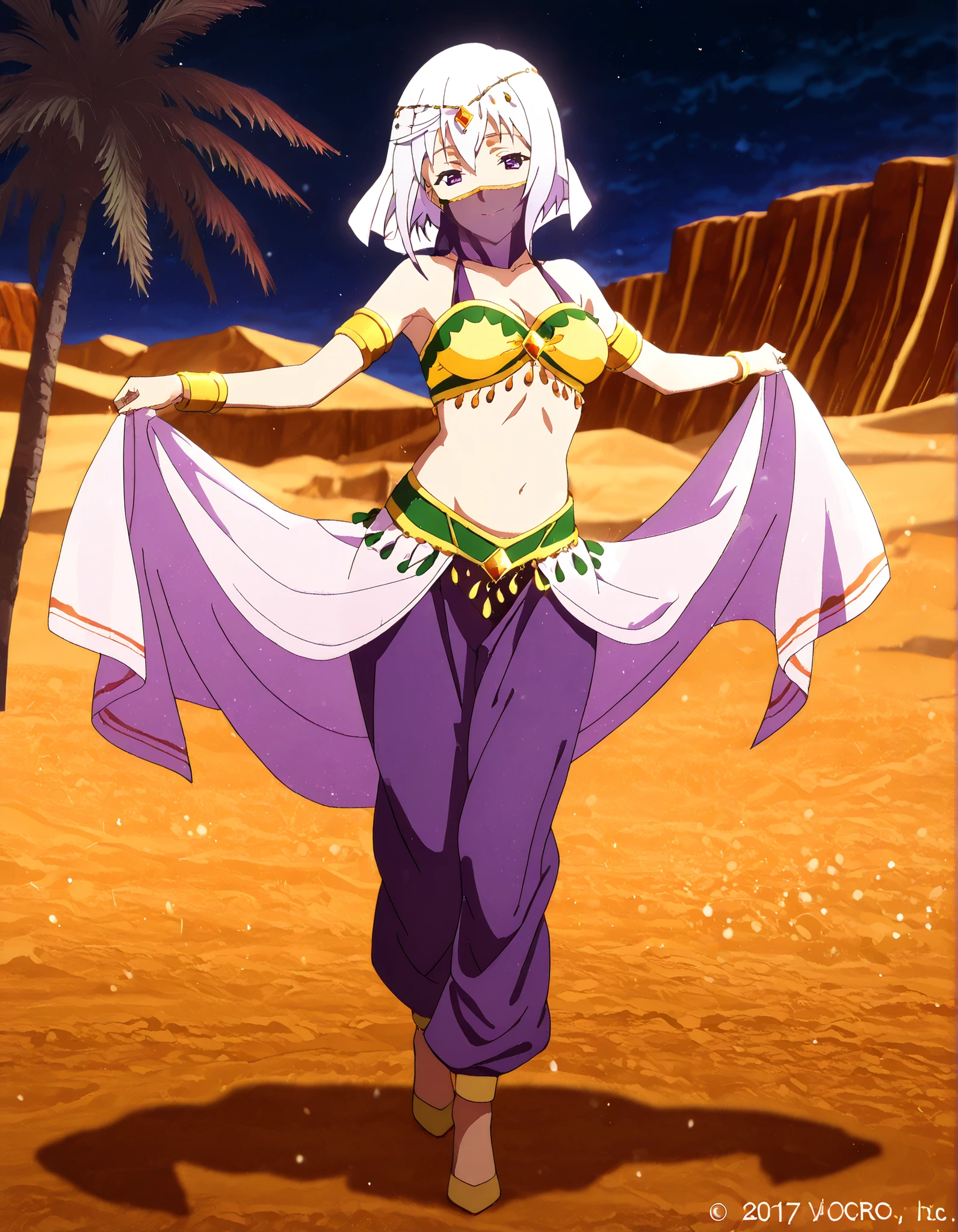 (1girl:1 . 5) , (Seul:1 . 5) , score_9 , score_8_haut , score_7_haut , source_anime , Official work , ultra-detailed , masterpiece , best quality , high resolution , beaux yeux , detailed eyes , Detailed face , beautiful detailed eyes,1girl,short hair, white hair, purple eyes,KonoSuba: God's Blessing on This Wonderful World!,Eris,Arabian Clothes , Arabian Dancer Outfit ,belly dancer costume,belly dancer outfit ,full body,golden jewelery,mouth veil,armlet, belly dancing,night,desert lands,palm tree,seductive smile, dancing with veil, dynamic movement,dance posture, pose