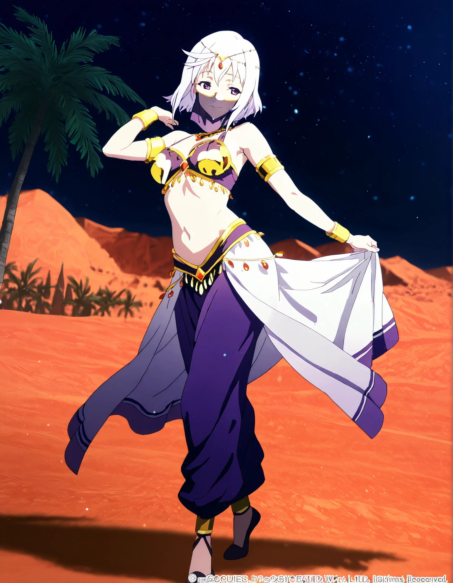 (1girl:1 . 5) , (Seul:1 . 5) , score_9 , score_8_haut , score_7_haut , source_anime , Official work , ultra-detailed , masterpiece , best quality , high resolution , beaux yeux , detailed eyes , Detailed face , beautiful detailed eyes,1girl,short hair, white hair, purple eyes,KonoSuba: God's Blessing on This Wonderful World!,Eris,Arabian Clothes , Arabian Dancer Outfit ,belly dancer costume,belly dancer outfit ,full body,golden jewelery,mouth veil,armlet, belly dancing,night,desert lands,palm tree,seductive smile, dancing with veil, dynamic movement,dance posture, pose