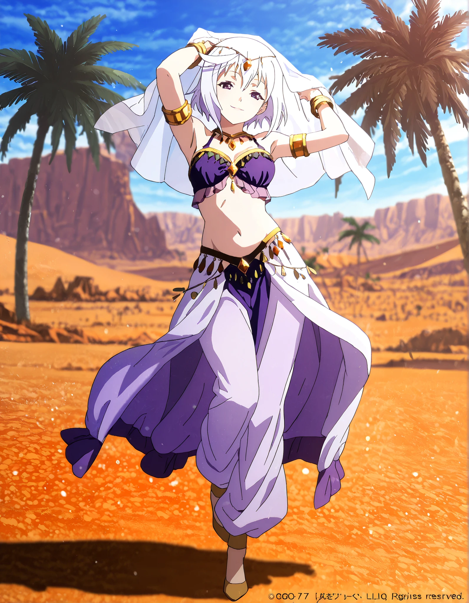 (1girl:1 . 5) , (Seul:1 . 5) , score_9 , score_8_haut , score_7_haut , source_anime , Official work , ultra-detailed , masterpiece , best quality , high resolution , beaux yeux , detailed eyes , Detailed face , beautiful detailed eyes,1girl,short hair, white hair, purple eyes,KonoSuba: God's Blessing on This Wonderful World!,Eris,Arabian Clothes , Arabian Dancer Outfit ,belly dancer costume,belly dancer outfit ,full body,golden jewelery,armlet, belly dancing,desert lands,palm tree,seductive smile, dancing with veil, dynamic movement,dance posture, pose