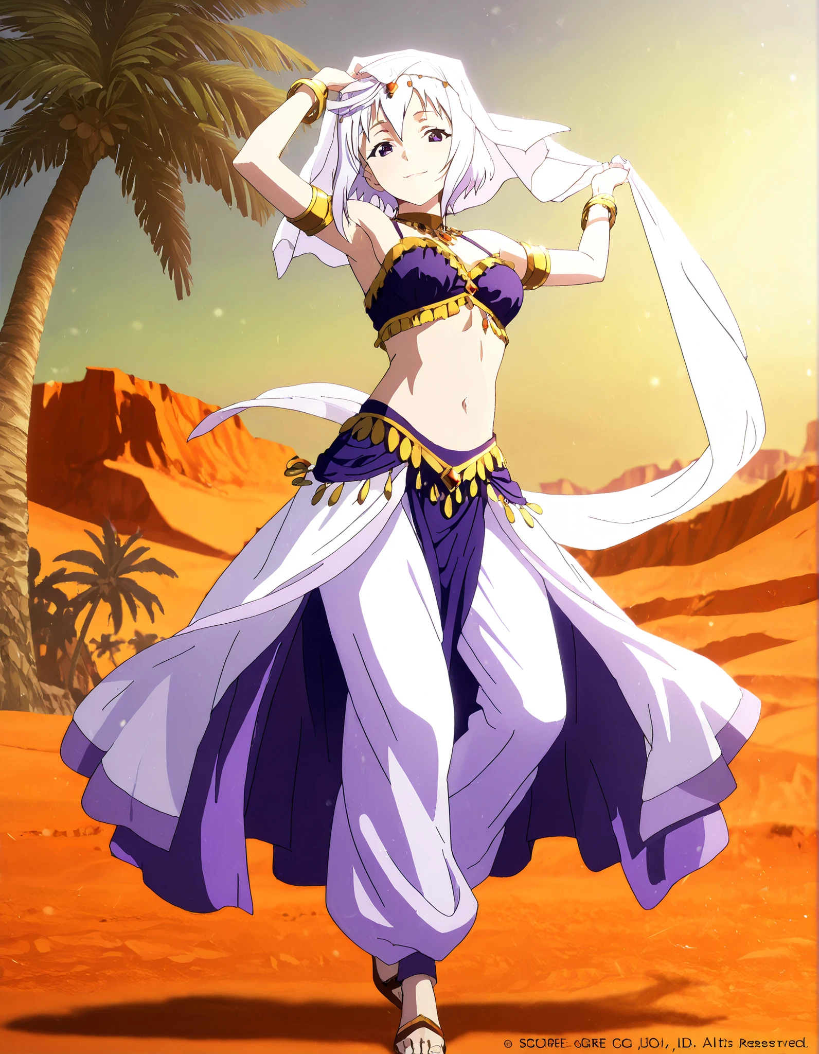 (1girl:1 . 5) , (Seul:1 . 5) , score_9 , score_8_haut , score_7_haut , source_anime , Official work , ultra-detailed , masterpiece , best quality , high resolution , beaux yeux , detailed eyes , Detailed face , beautiful detailed eyes,1girl,short hair, white hair, purple eyes,KonoSuba: God's Blessing on This Wonderful World!,Eris,Arabian Clothes , Arabian Dancer Outfit ,belly dancer costume,belly dancer outfit ,full body,golden jewelery,armlet, belly dancing,desert lands,palm tree,seductive smile, dancing with veil, dynamic movement,dance posture, pose