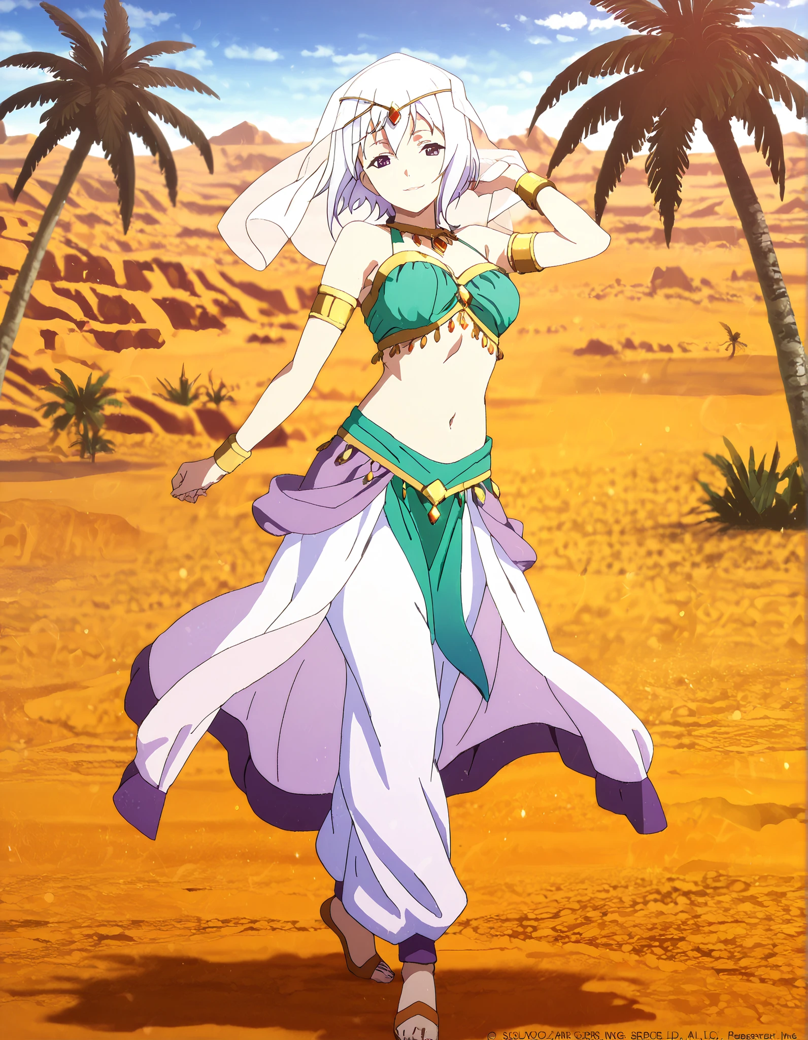 (1girl:1 . 5) , (Seul:1 . 5) , score_9 , score_8_haut , score_7_haut , source_anime , Official work , ultra-detailed , masterpiece , best quality , high resolution , beaux yeux , detailed eyes , Detailed face , beautiful detailed eyes,1girl,short hair, white hair, purple eyes,KonoSuba: God's Blessing on This Wonderful World!,Eris,Arabian Clothes , Arabian Dancer Outfit ,belly dancer costume,belly dancer outfit ,full body,golden jewelery,armlet, belly dancing,desert lands,palm tree,seductive smile, dancing with veil, dynamic movement,dance posture, pose