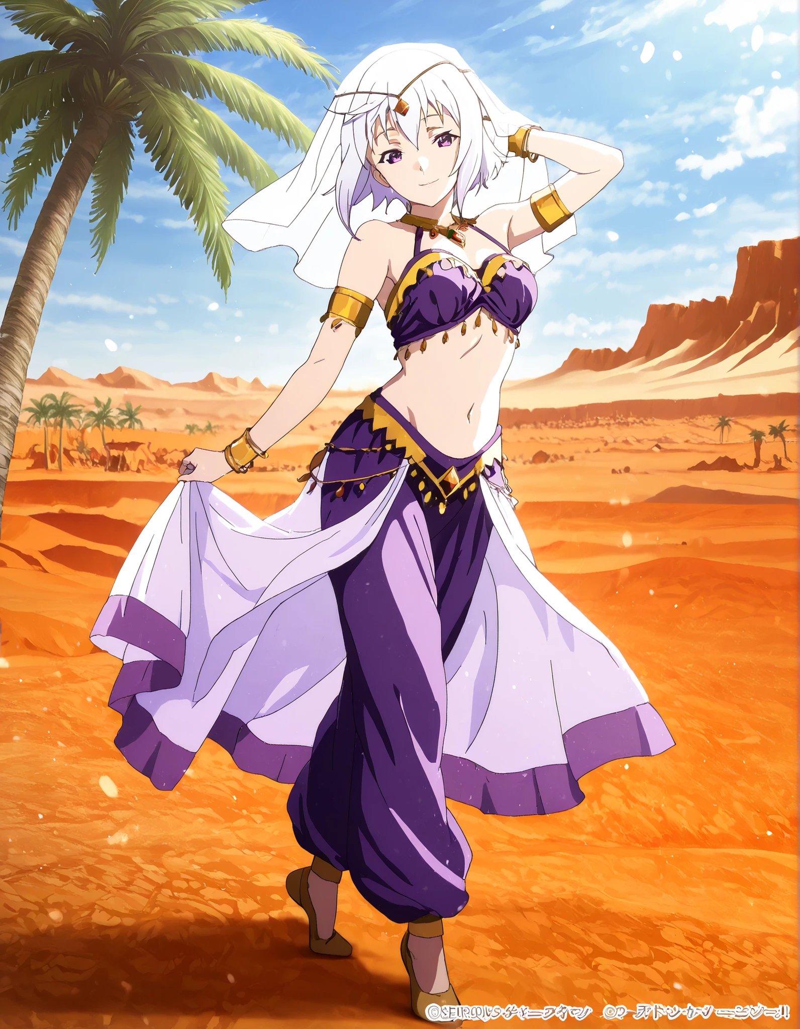 (1girl:1 . 5) , (Seul:1 . 5) , score_9 , score_8_haut , score_7_haut , source_anime , Official work , ultra-detailed , masterpiece , best quality , high resolution , beaux yeux , detailed eyes , Detailed face , beautiful detailed eyes,1girl,short hair, white hair, purple eyes,KonoSuba: God's Blessing on This Wonderful World!,Eris,Arabian Clothes , Arabian Dancer Outfit ,belly dancer costume,belly dancer outfit ,full body,golden jewelery,armlet, belly dancing,desert lands,palm tree,seductive smile, dancing with veil, dynamic movement,dance posture, pose