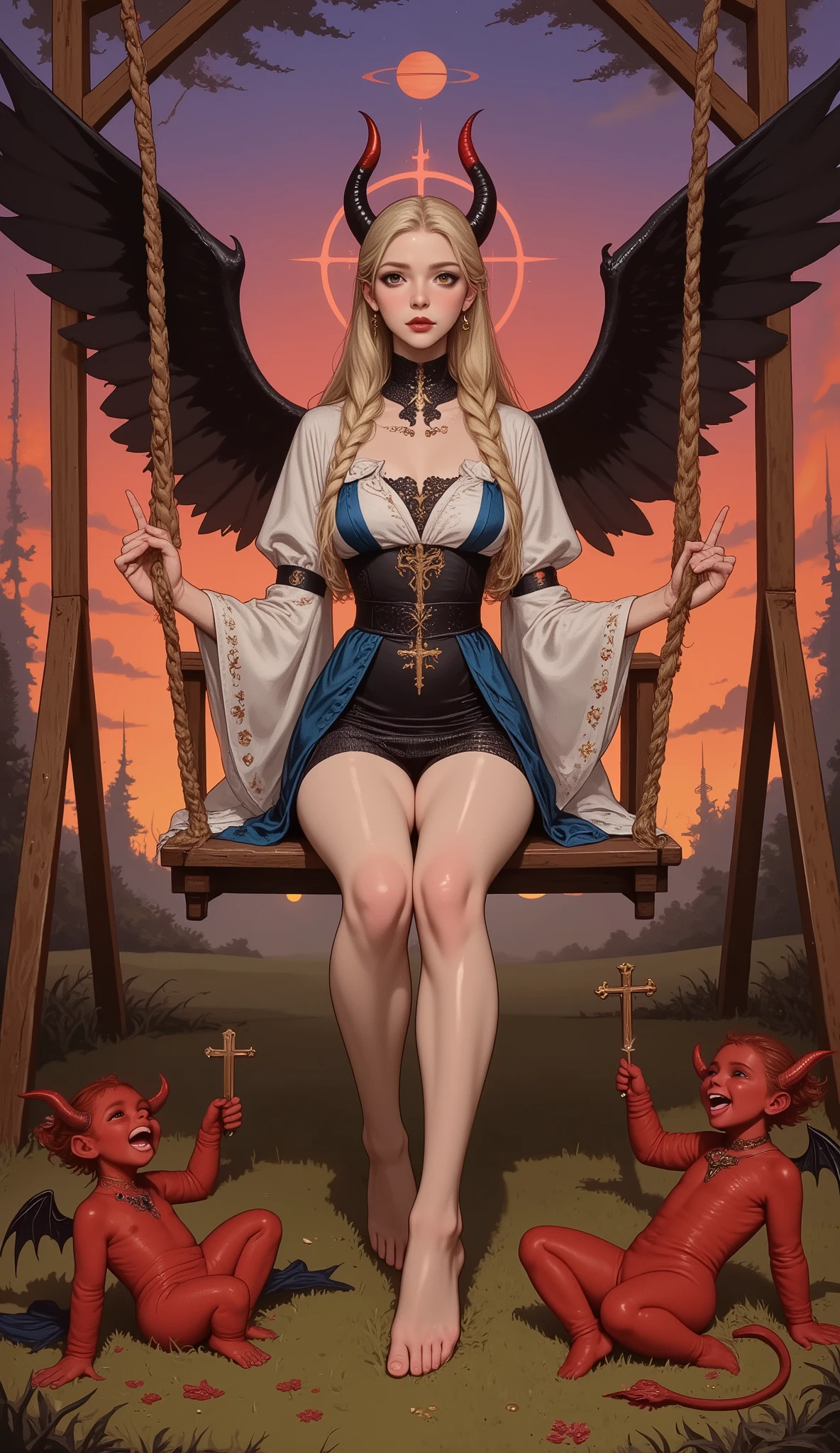 Surrealist oil painting, top three-quarter view: a mysterious She-Devil with elegant black and crimson horns and large, outstretched black wings — one torn and bandaged — sits gracefully on a Victorian-style wooden swing in a dreamlike playground surrounded by infernal flames. Her appearance evokes both divinity and temptation.
She has long blonde hair braided like a Viking princess, adorned with small gold rings interwoven in her hair. Her garments merge the sacred aesthetics of the Virgin Mary with the refinement of a Japanese kimono: flowing blue and white fabrics layered with golden embroidery and wide silk sleeves that ripple in the warm wind. A radiant halo glows faintly behind her head, contrasting with the surrounding darkness. Her pose is elegant and subtly alluring — confident yet serene — expressing both grace and quiet power.
Around her, five small red imps — mischievous cherub-like devils resembling classic Valentine cupids but with tiny horns, pointed tails, and delicate bat-like wings — play joyfully on the grass. One holds a small crucifix of Christ; others laugh, chase, and tumble in impish harmony, radiating both innocence and mischief.
The landscape burns with surreal light — crimson skies, molten shapes of hidden demons, and waves of color resembling living fire. Above, Saturn and its rings shimmer in the violet haze, giving the entire composition a cosmic dreamlike quality.
Oil painting style inspired by Luis Royo and George Hughes, cinematic 3/4 composition, soft chiaroscuro, intricate brushwork, detailed anatomy, ethereal atmosphere, surreal symbolism, high detail, masterpiece realism, trending on ArtStation.
