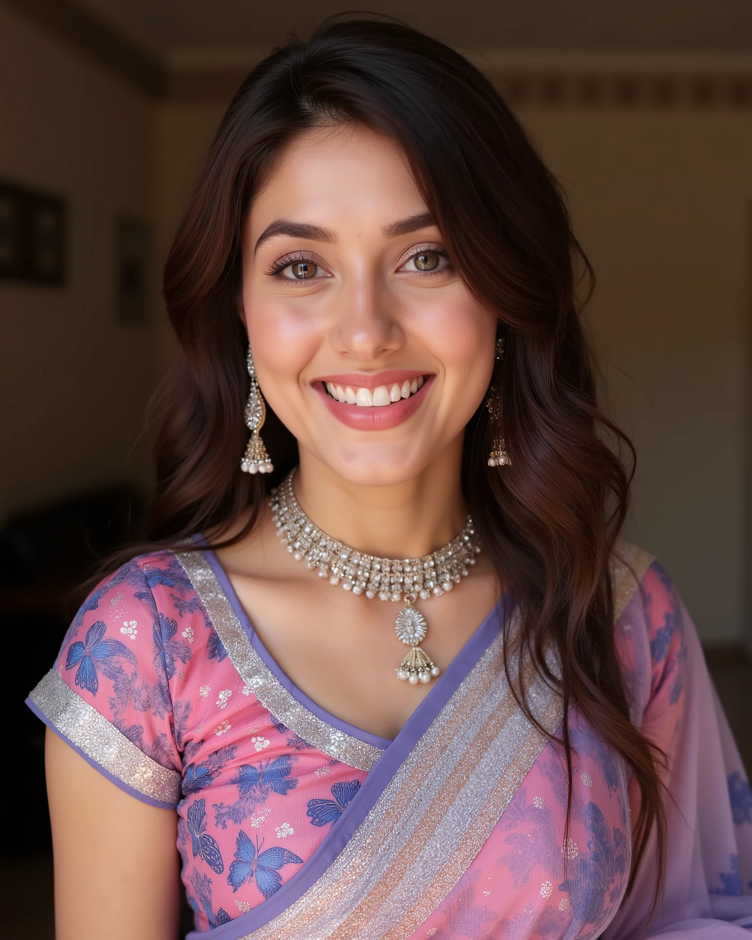 ashk, Full body image of a 20-year-old Indian girl with smiling look, fair skin tone, light grey eyes, fox eyelashes, thin eyebrows, black eye liner, silver eyeshadow, natural blush, and red lipstick. Her hairs are long, brown, wavy. She is wearing a butterfly-design print net blouse butterfly-design net saree in shades of pink and blue. She is wearing an ornate m-necklace and matching earrings. The background is slightly blurred indoor.