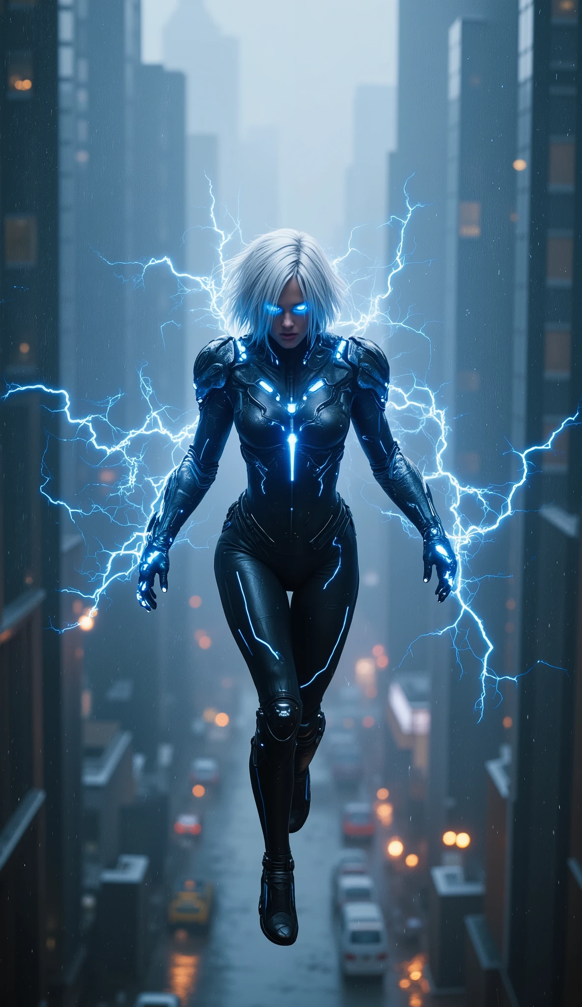 Full-body female mutant in cyberpunk armor, inspired by Storm. Her short white hair glows with electric blue streaks, eyes shining with neon energy. Lightning tattoos trace her arms and neck, pulsing in rhythm with her heartbeat. She levitates mid-air above a futuristic megacity under heavy rain, bolts of electricity striking from her hands toward skyscrapers. Her bodysuit of graphene and luminous fiber channels live voltage, glowing veins under translucent armor plates. Rain bounces off the electric field around her, creating an ethereal storm halo. Ultra-detailed reflections, cinematic rain effects, wet ground, intense HDR contrast, 9:16 vertical.