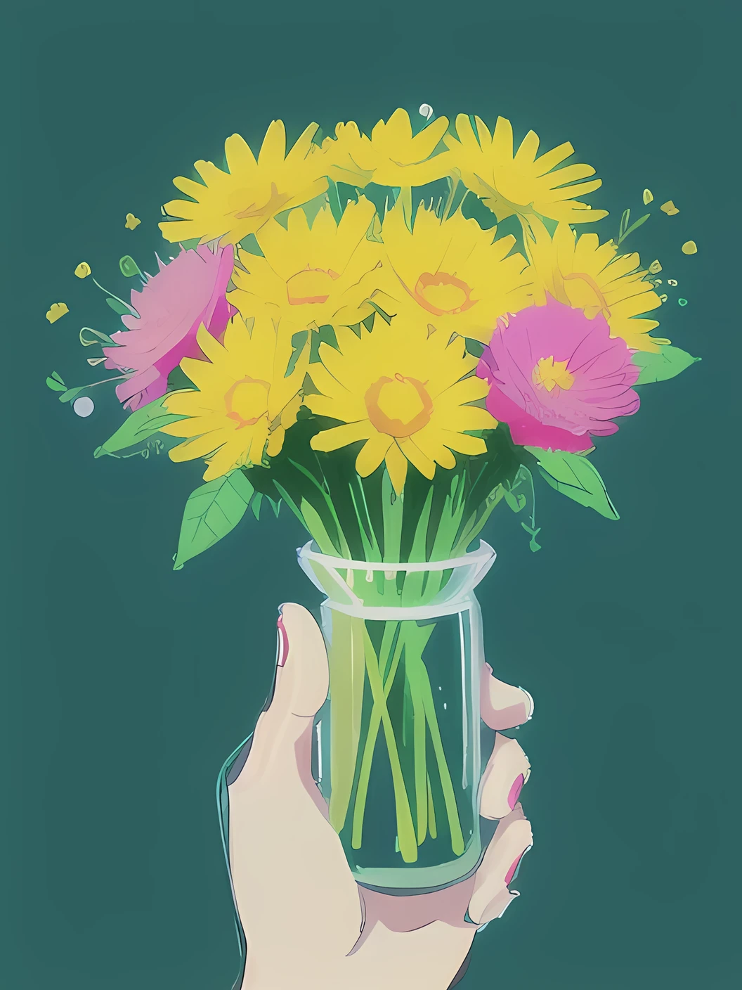 (masterpiece, best quality:1.2), ((spring flower bouquet)), cute, spring,neon colors, detailed, intricate details, glowing outlines, thick brush strokes
