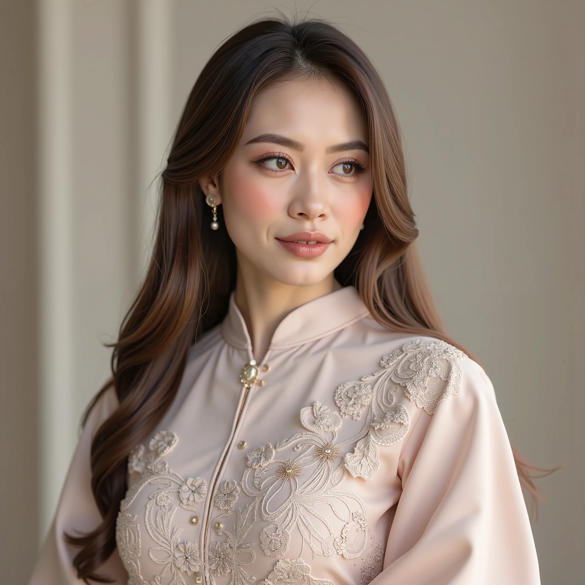 hyper HD, Masterpiece, Textured skin, 8K, Best quality of potrait a Beautiful hijab asian woman white fairy skin wearing kebaya outfit  , perfect veil hijab muslimah style, detail scarf , close-up half body , happy vibes, beauty smile open mouth showing teeth  , smiling confident , looking at outside, aside dynamic relax pose ,  , upper muscle body slightly thick , ultrarealistic , hyper detail , sharp and smooth , best quality , high resolution . 