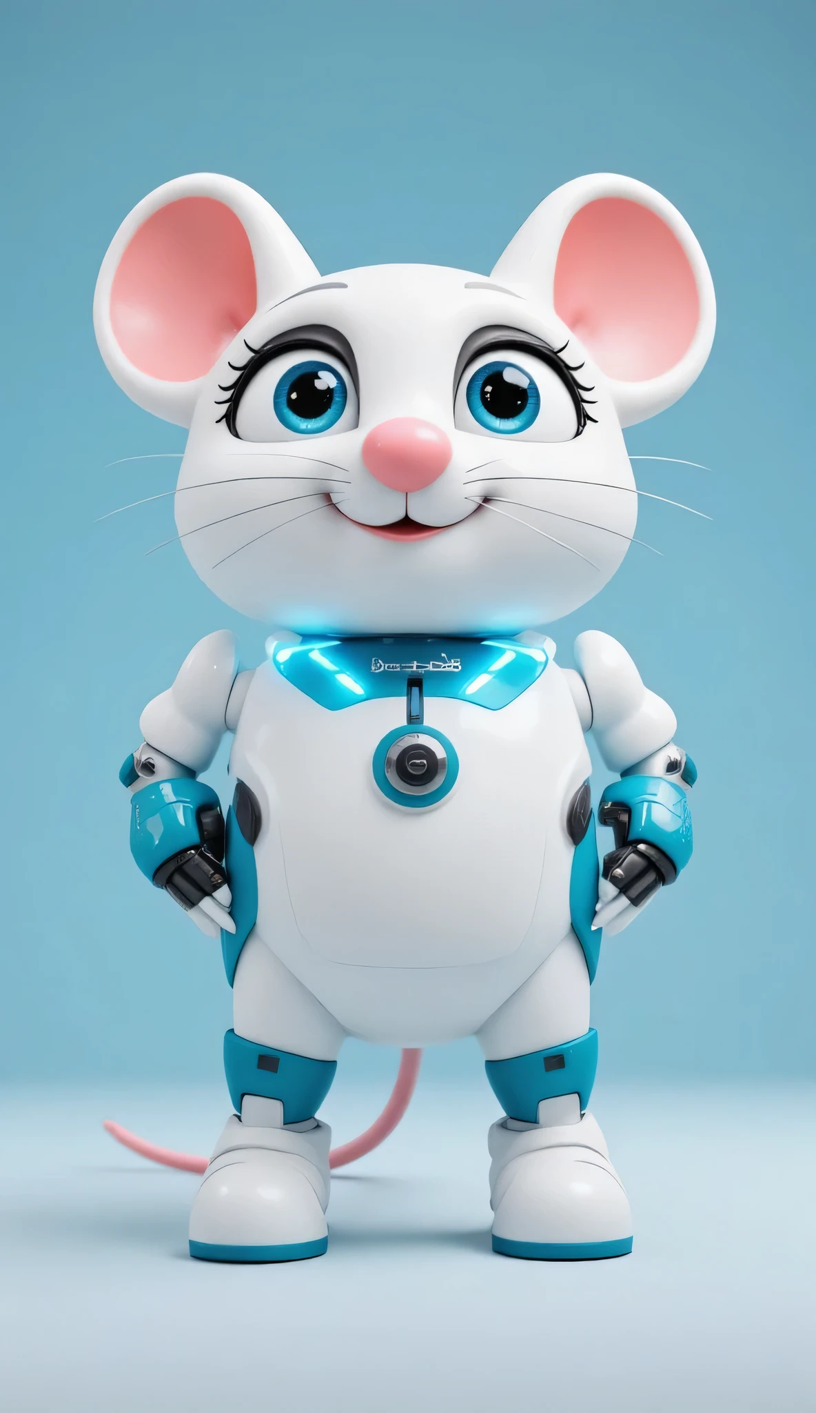 charming computer mouse character for a children's cartoon, big round eyes with long eyelashes and shiny pupils, two voluminous buttons on the head instead of ears with cute glowing ones, indicators are a long flexible USB cable instead of a tail that can move and express emotions, small hands and feet with gloves and boots, streamlined body with smooth lines like a real computer mouse, scroll wheel like a funny nose that can rotate, bright colors predominantly white and blue with accents, friendly facial expression and helpfulness posture, modern computer animation style with soft glow, highly detailed textures and materials