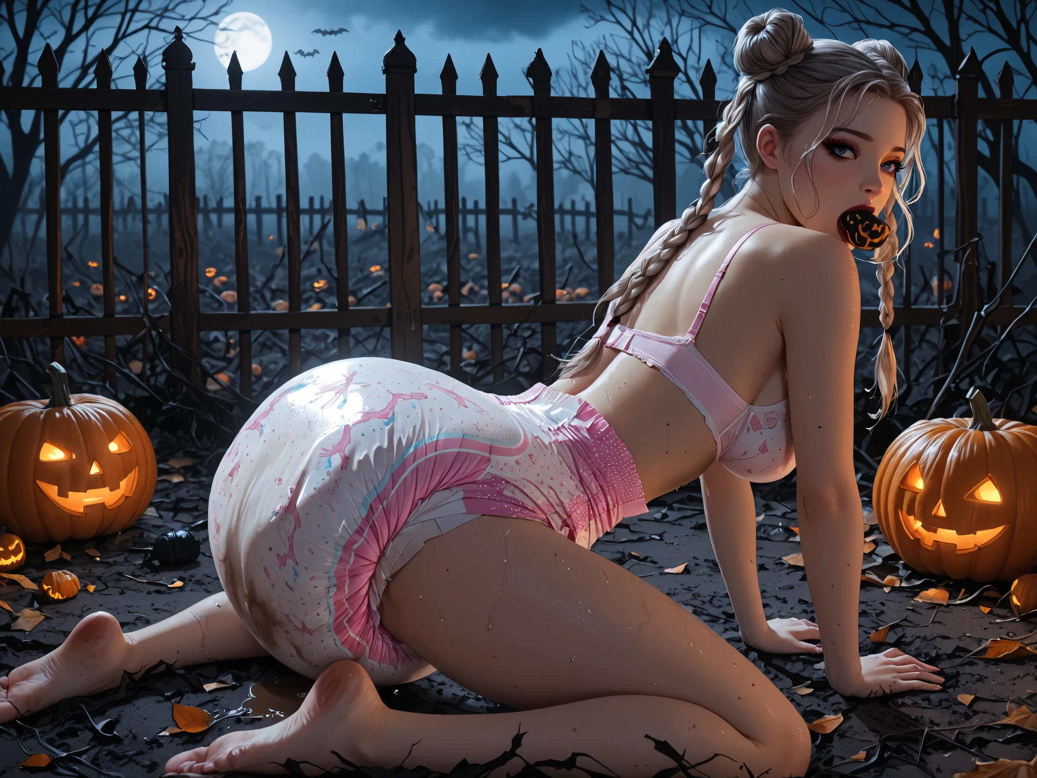 Two young women masturbating in bulging diapers. Bulging diaper, wet diaper, dirty diaper, wet diaper. A photorealistic capture of two goth girls in a gloomy pumpkin field, surrounded by fog, bats, and the eerie silhouette of a fence under a twilight sky. Both are wearing adult diapers so ridiculously bulky and full of fluid that they look about to burst, dripping liquid down their legs to the ground. One of them has long, curly, tousled hair, a pastel ombré from platinum blonde to lilac and pink, styled in two high buns with loose curls. Her makeup is dramatic: heavy eyeliner, dark matte lipstick, flawless porcelain skin, and highlighted cheekbones. Her bra reveals her large breasts. The warm moonlight on the ground creates a cinematic effect behind her. [The image shows] a young, seductive, blue-eyed woman dressed in a giant diaper. The innocent young woman kneels to take a man's penis in her mouth, forcing her to swallow it whole. Her large breasts are exposed. Her braided hair exudes a sensual aura amidst the somber surroundings. The image is shot from the side, capturing the raw nature of the scene.

The atmosphere is festive, gothic, and tender all at once: a perfect blend of Halloween fantasy and influencer-inspired autumnal style. The level of detail is incredible. The lighting and colors create a soft and beautiful feel, with emphasis on the protagonist's loose hair, diaper, and dynamic poses. The special effects are cinematic. Amazing quality, very aesthetic, high resolution, ultra-detailed, very detailed eyes, absurd, novel, (beautiful adult woman: 0.5), cute, masturbating, ((Face in focus)), adult diaper so ridiculously bulging and full of liquid that it wets her legs and the floor, ((Her hands in the diaper)), ((Her hands inside the diaper)), high definition, bulging diaper, wet diaper, dirty diaper, wet diaper.