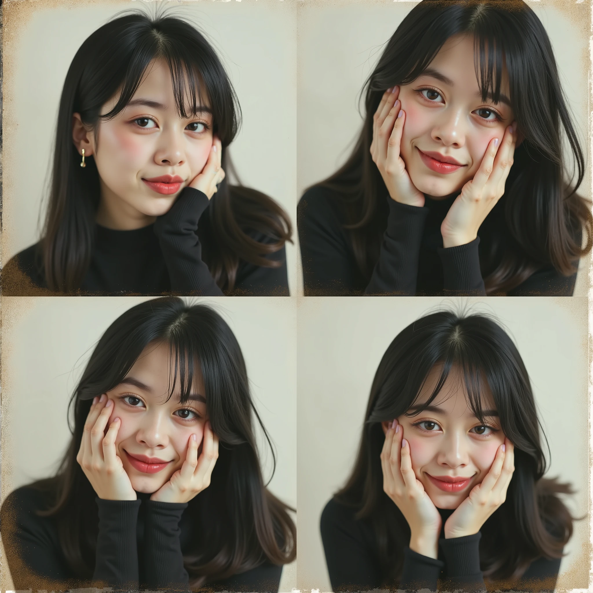 Use 100% of my facial features
Use this photo as a reference to create a vintage collage square, 4, with an authentic retro film look: faded tones, pastels, creamy whites, film grain, dust, scratches, dreamy morning light. Subject wearing a black long-sleeve wool top, medium-length black hair with slightly straight messy bangs, natural spontaneous waking-up vibe. Mix of shy smiles, playful laughs, covering the face, pouting, lying down.