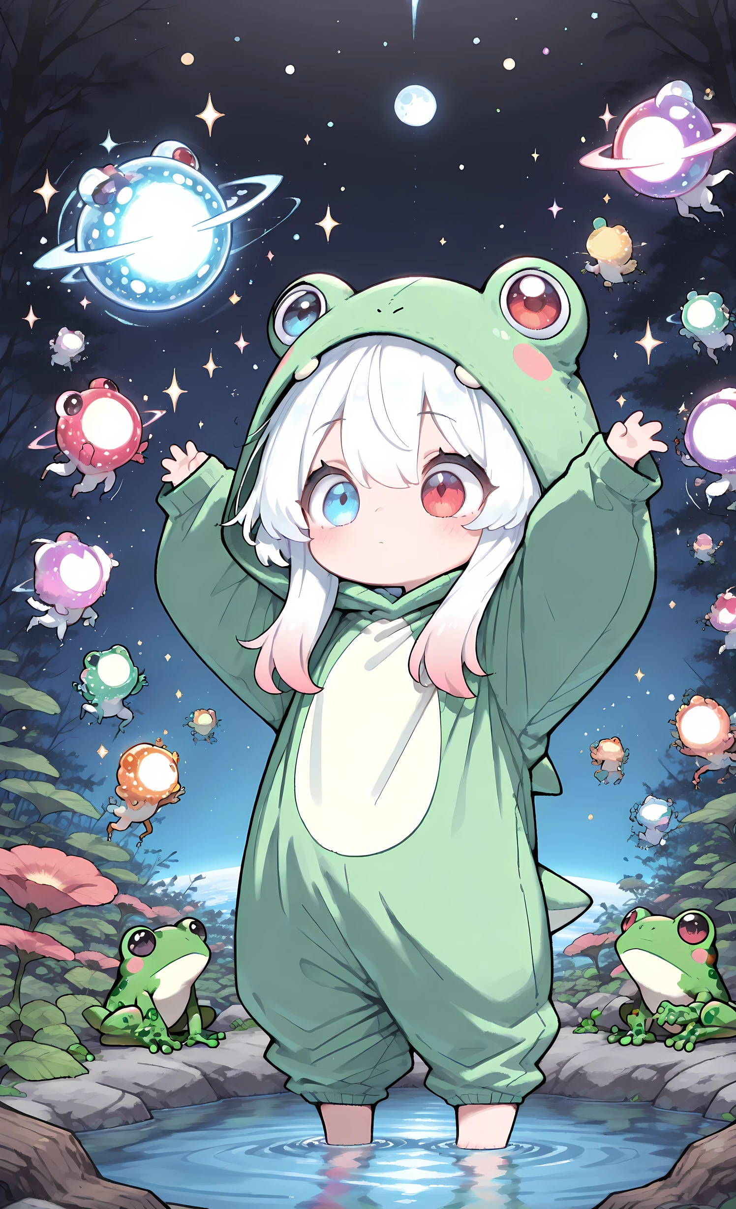 CuteToon_ST,masterpiece, best quality, ultra-detailed:1.3, 1girl, solo, pure white hair with soft gradient red tips, heterochromia, fair skin, wearing frog onesie, holding glowing alien seed, surrounded by bioluminescent plants, floating islands in sky, multiple moons, forgotten planet ecosystem, wonder-filled expression