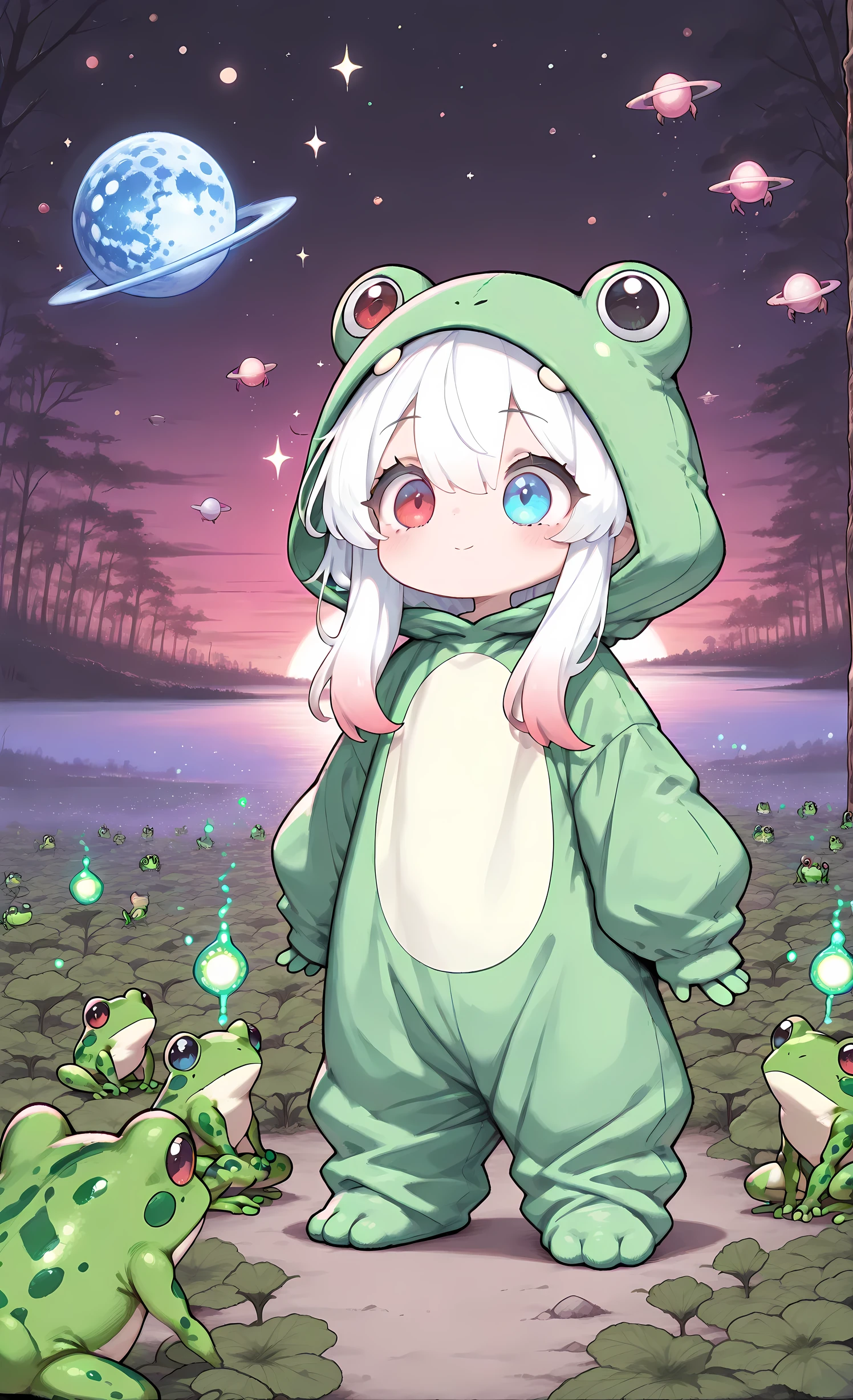 CuteToon_ST,masterpiece, best quality, ultra-detailed:1.3, 1girl, solo, pure white hair with soft gradient red tips, heterochromia, fair skin, wearing frog onesie, holding glowing alien seed, surrounded by bioluminescent plants, floating islands in sky, multiple moons, forgotten planet ecosystem, wonder-filled expression